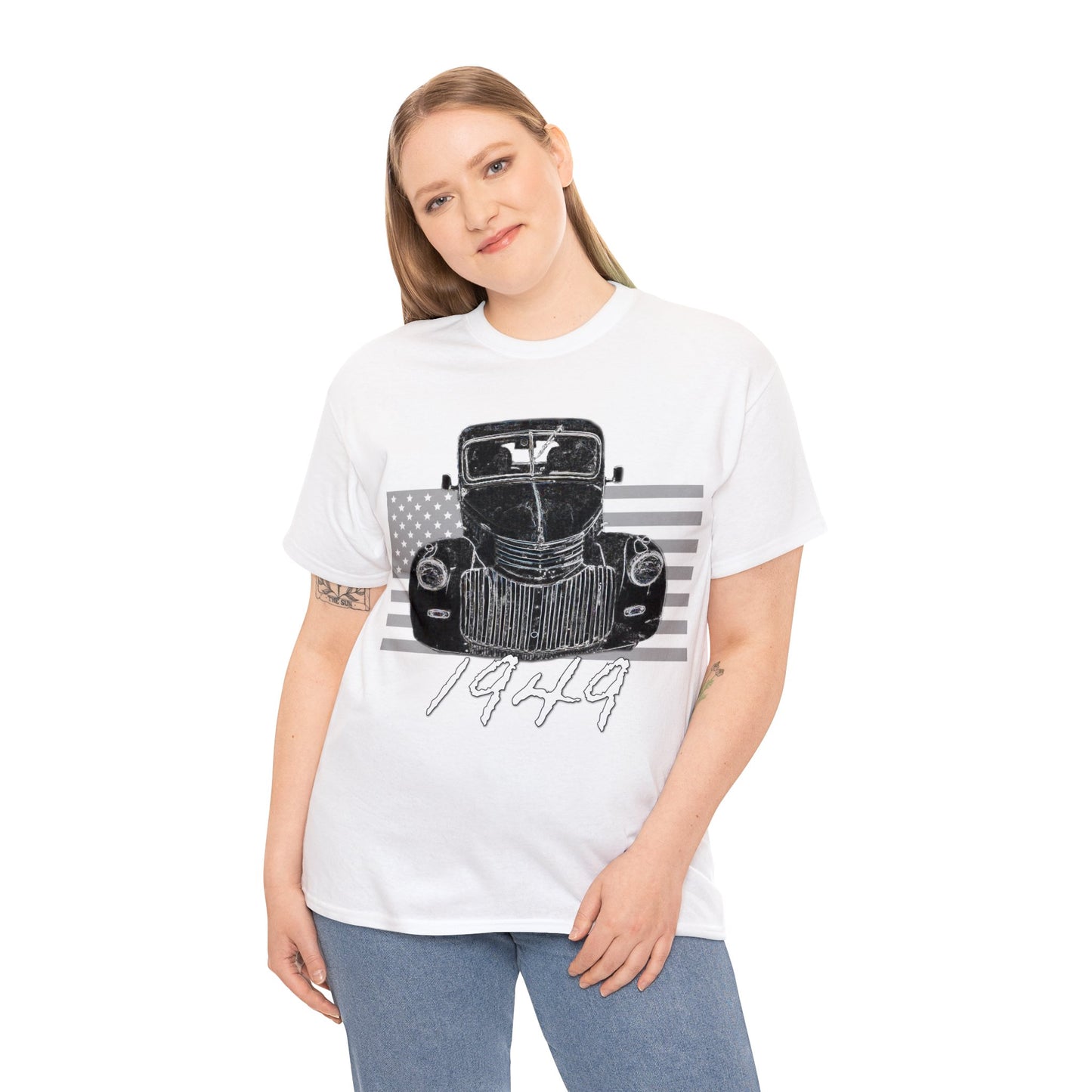 Vintage American 1940's Pickup Truck, Retro Pick Up Truck American Flag Heavy Cotton Tee