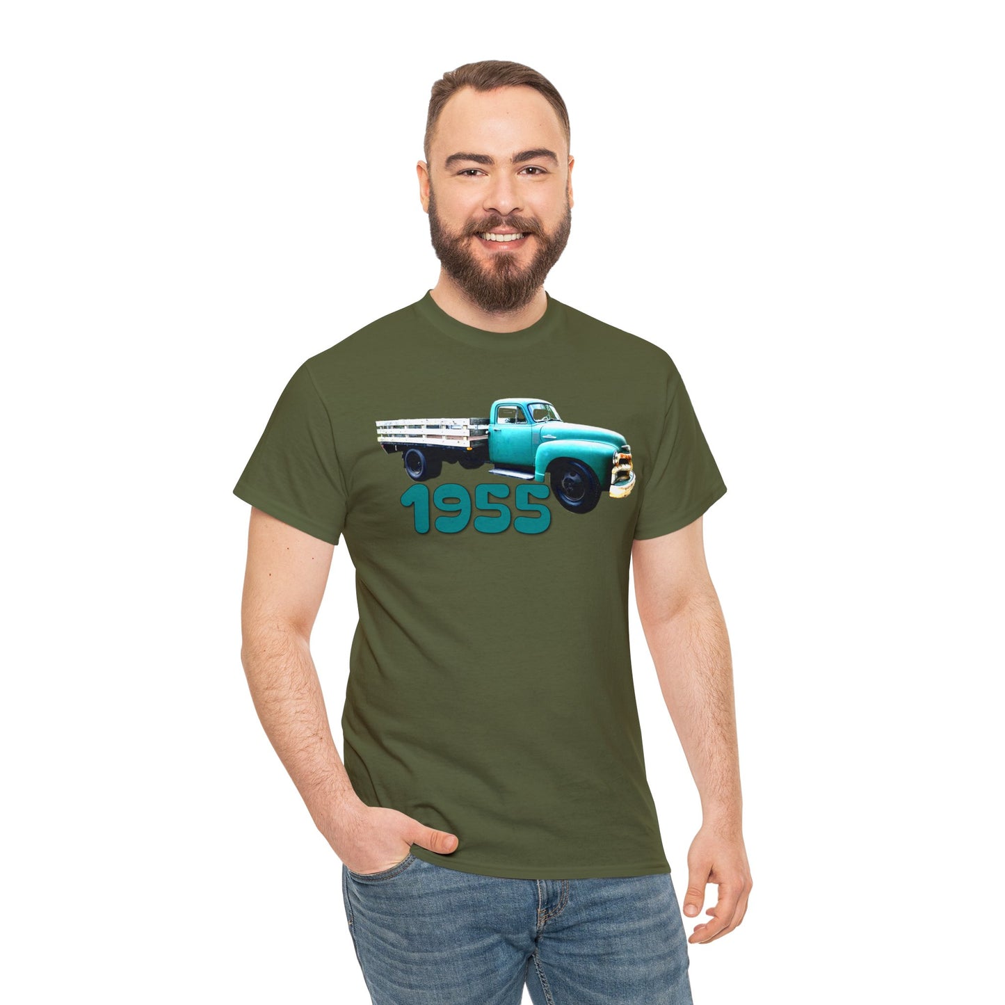 1955 Pickup Truck, Vintage Farm Truck, Retro Flat Bed Truck Heavy Cotton Tee