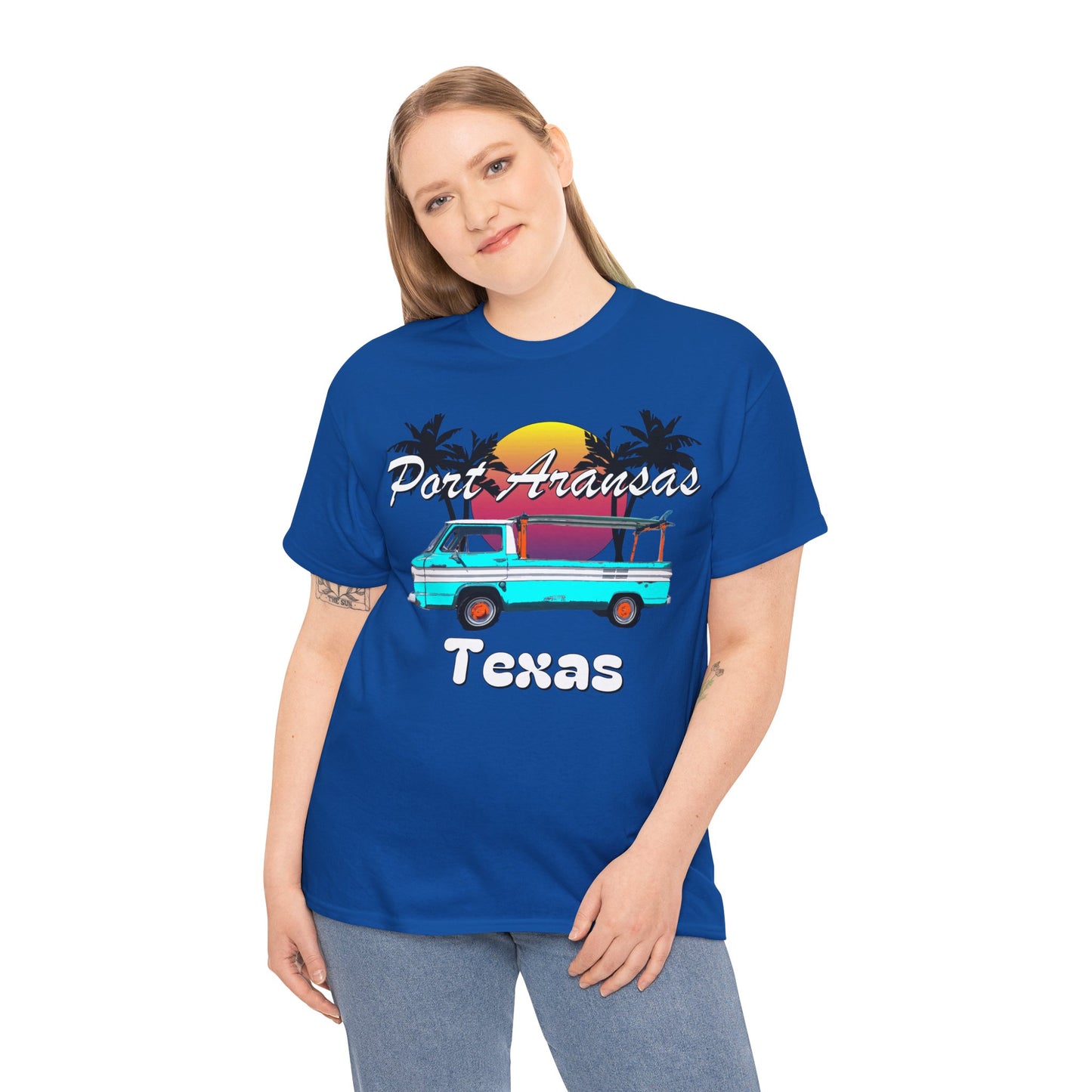 Port Aransas Texas, Port A Surfer, Palm Trees, Beach Vacation Heavy Cotton Tee