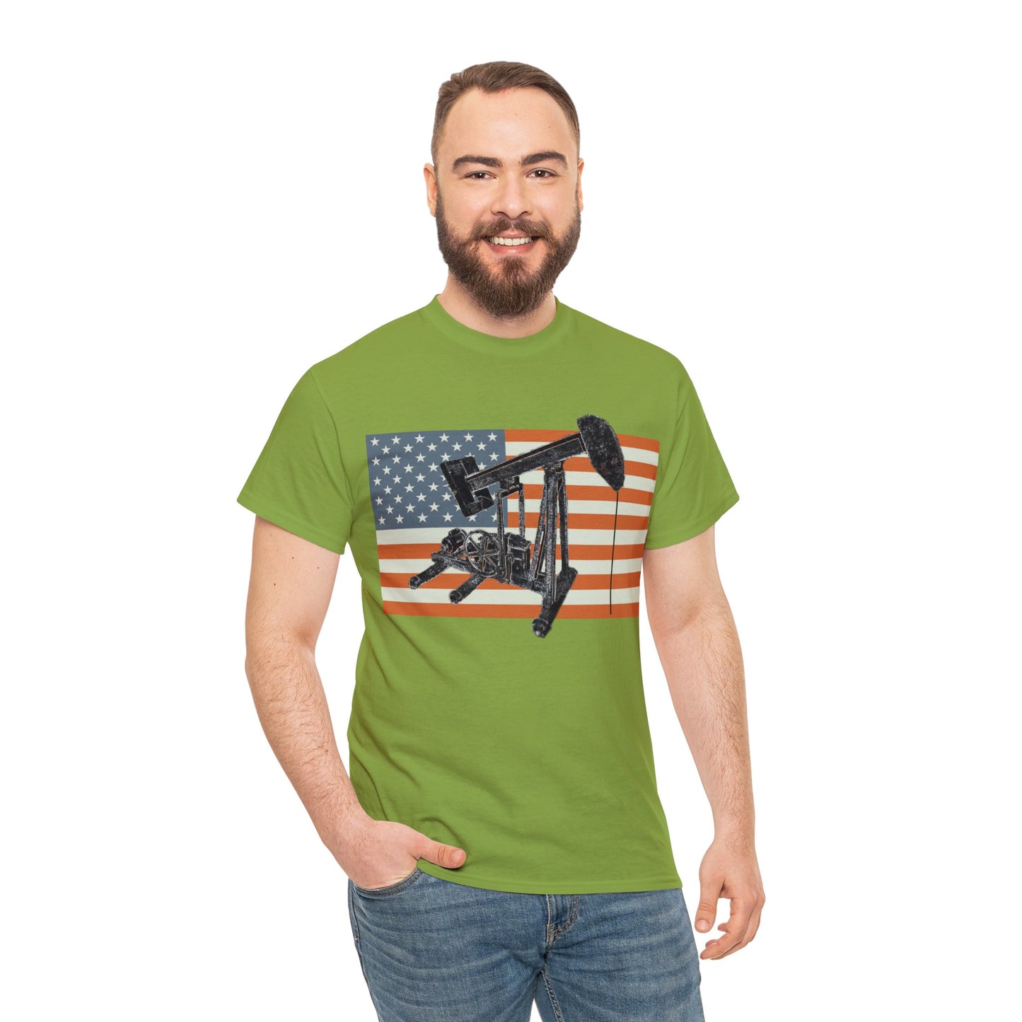 American Oil Worker Pump Jack USA Flag Heavy Cotton Tee