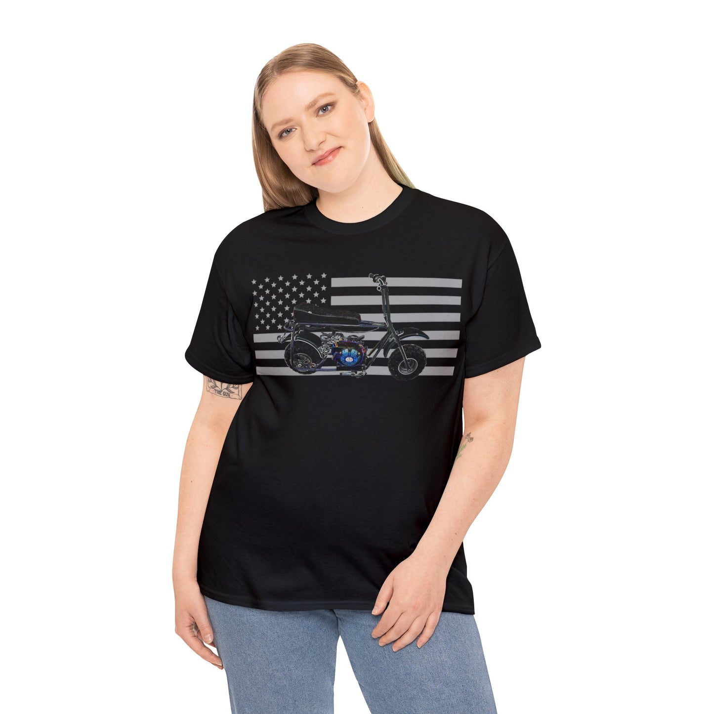 American Flag Vintage Mini Bike, Moped, Mini Motorcycle, Scooter Heavy Cotton Tee