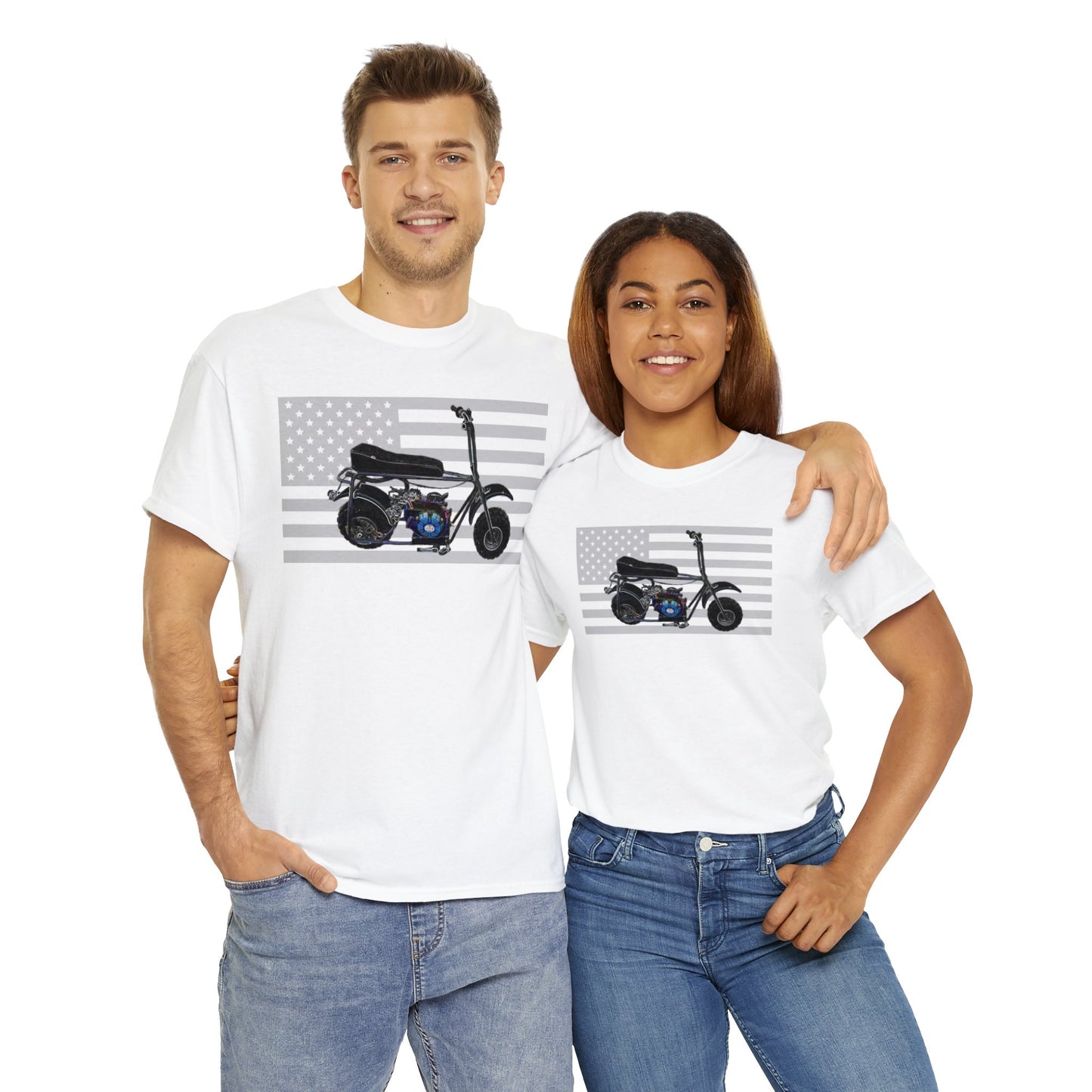 American Flag Vintage Mini Bike, Moped, Mini Motorcycle, Scooter Heavy Cotton Tee
