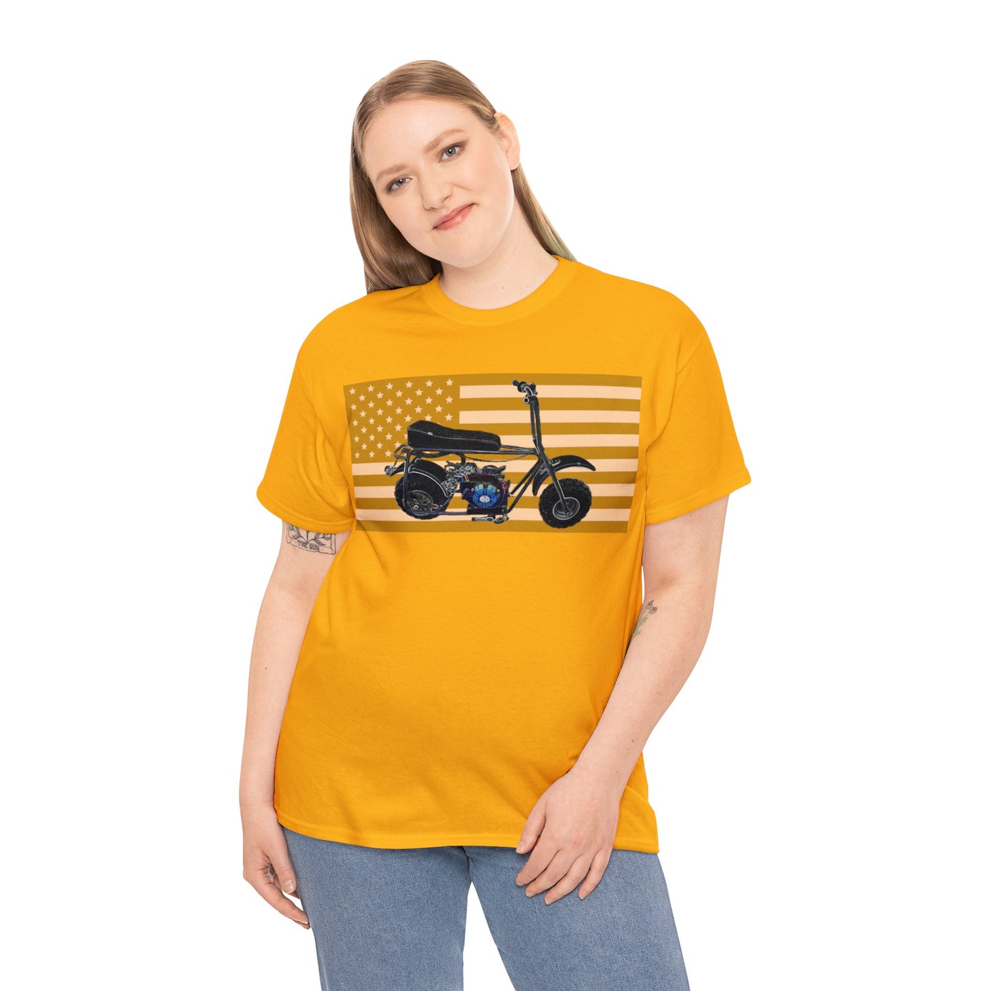 American Flag Vintage Mini Bike, Moped, Mini Motorcycle, Scooter Heavy Cotton Tee