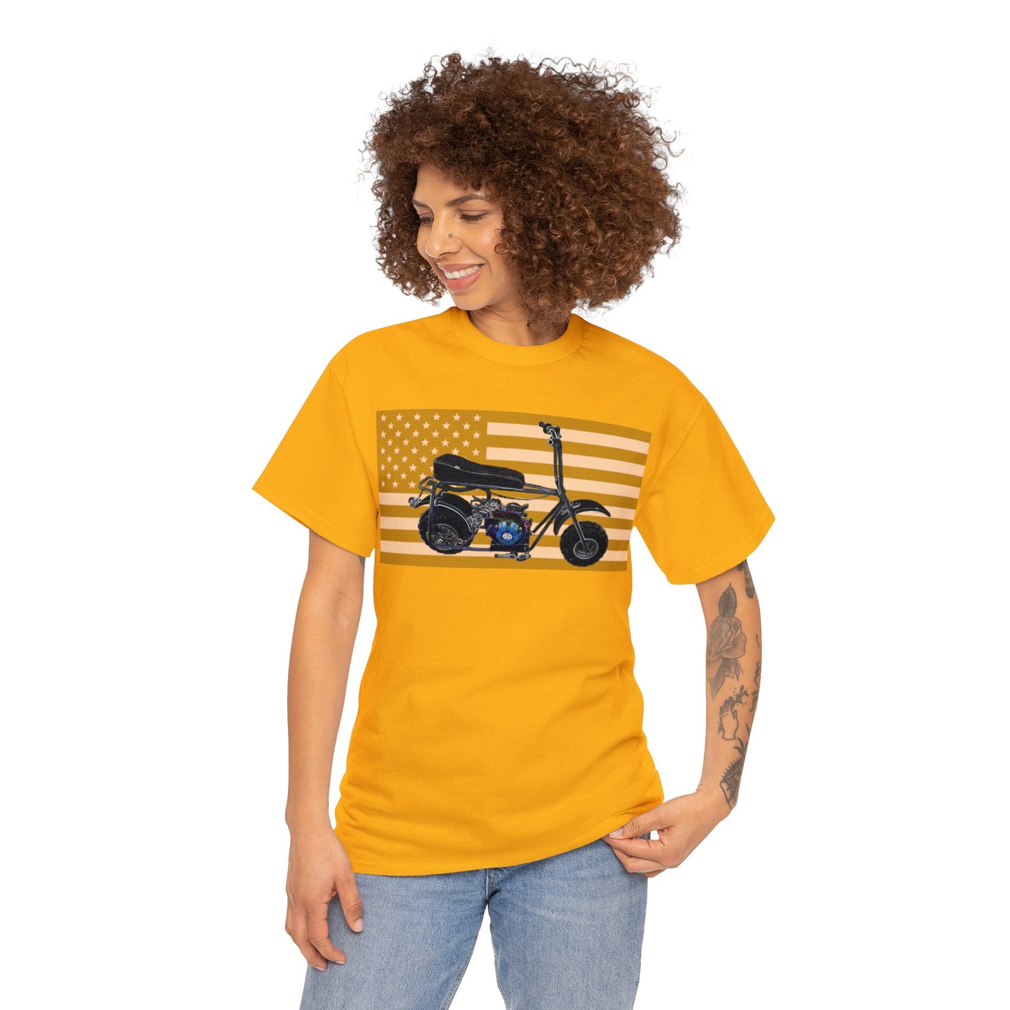 American Flag Vintage Mini Bike, Moped, Mini Motorcycle, Scooter Heavy Cotton Tee