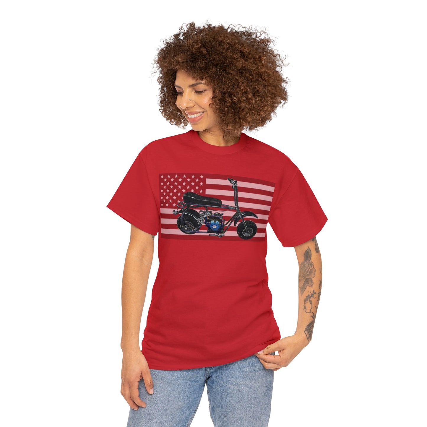 American Flag Vintage Mini Bike, Moped, Mini Motorcycle, Scooter Heavy Cotton Tee