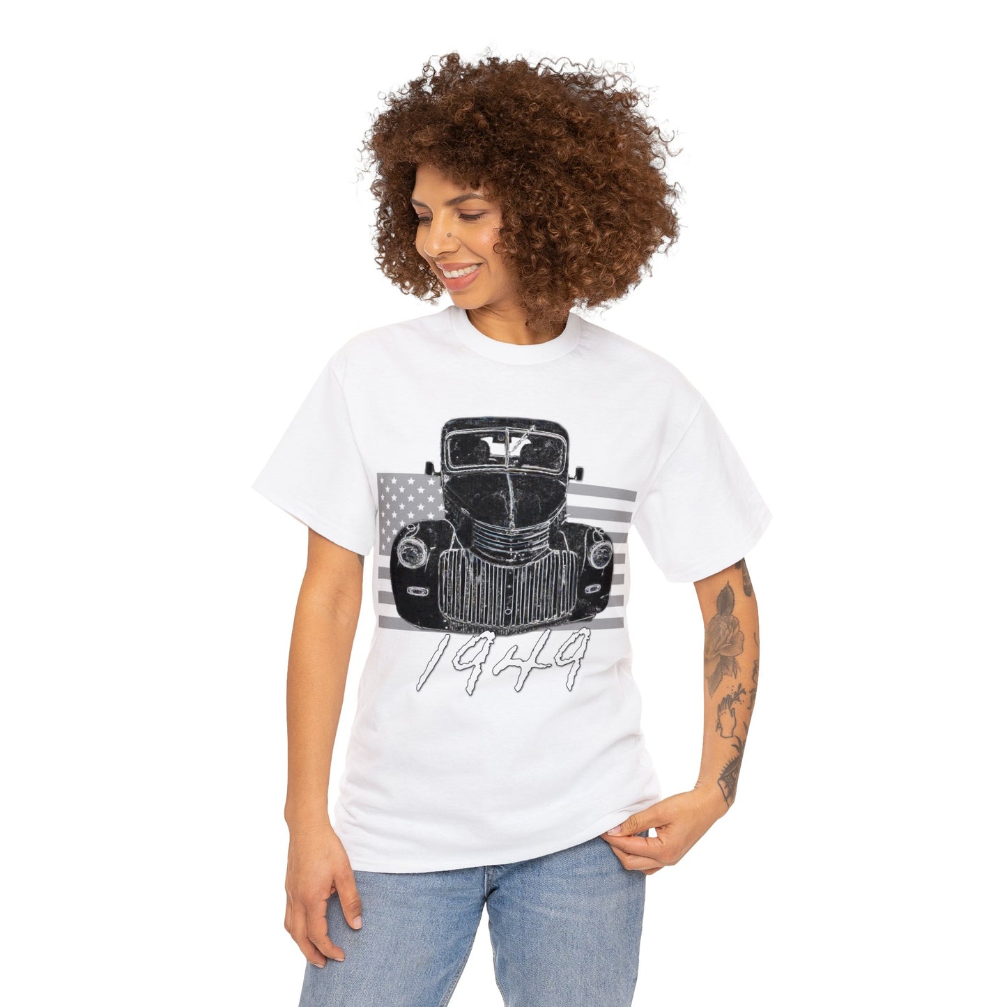Vintage American 1940's Pickup Truck, Retro Pick Up Truck American Flag Heavy Cotton Tee