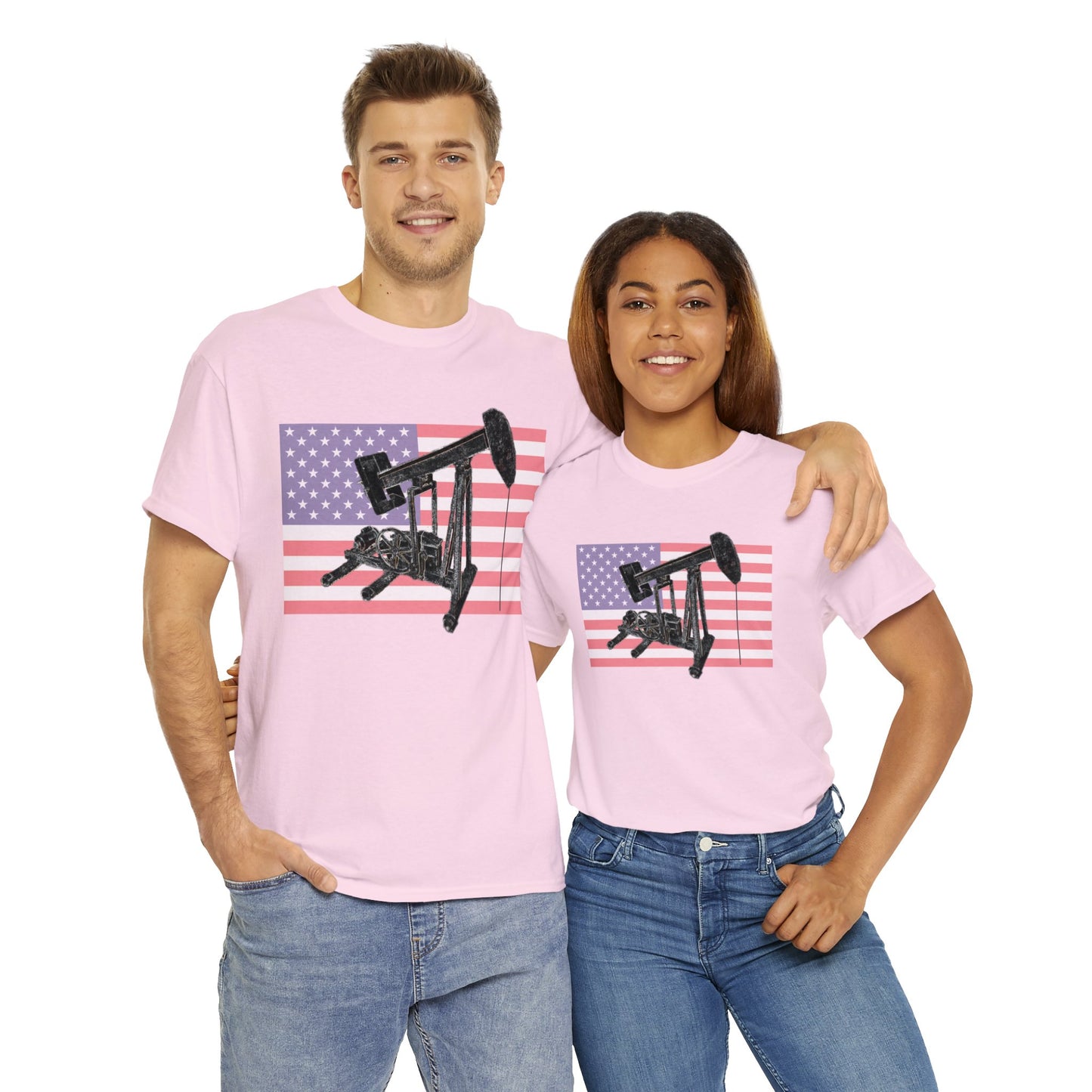 American Oil Worker Pump Jack USA Flag Heavy Cotton Tee