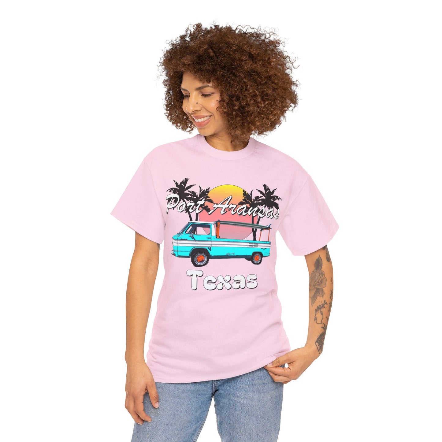 Port Aransas Texas, Port A Surfer, Palm Trees, Beach Vacation Heavy Cotton Tee