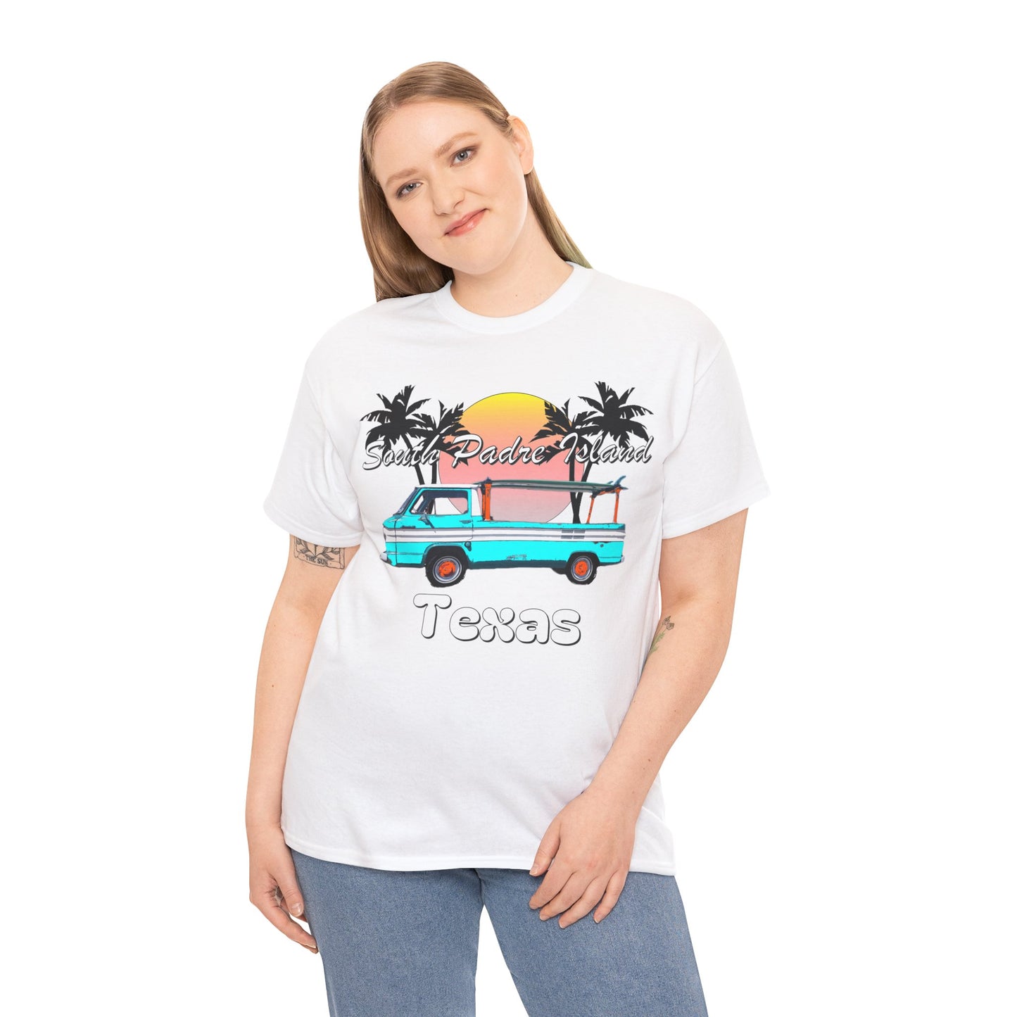 South Padre Island Texas, South Padre Surfer, Palm Trees Heavy Cotton Tee