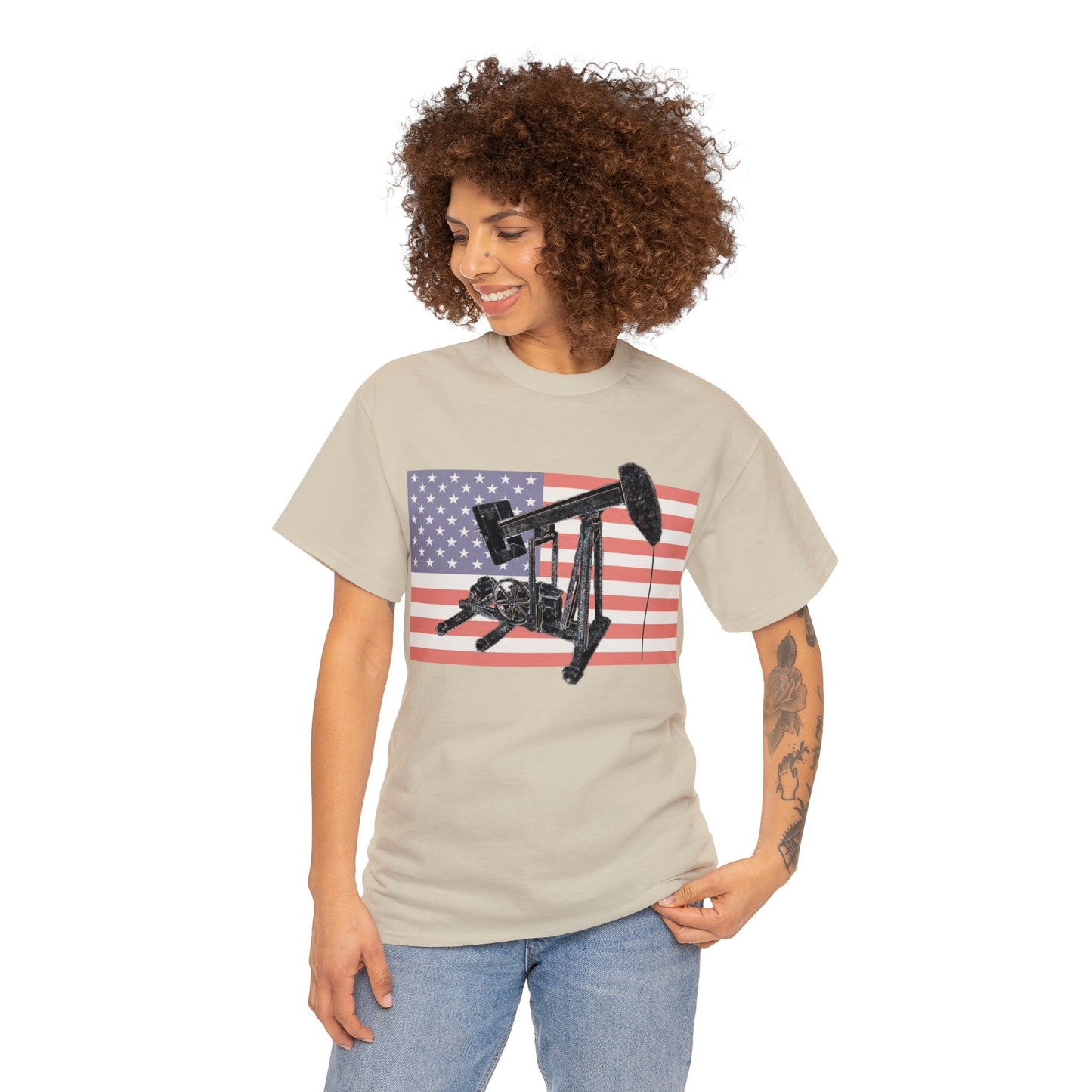 American Oil Worker Pump Jack USA Flag Heavy Cotton Tee