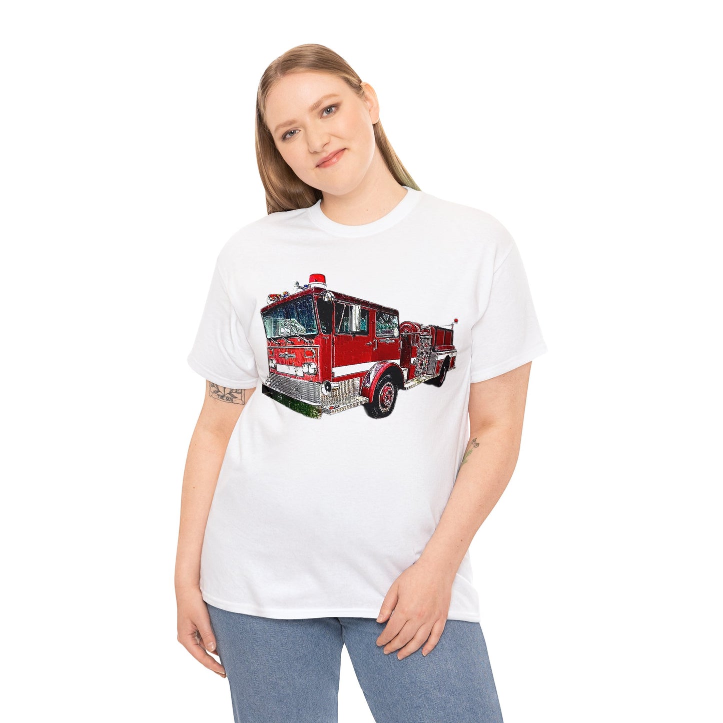 Fire Department, Fire Truck, Fire Department, Red Fire Truck Heavy Cotton Tee