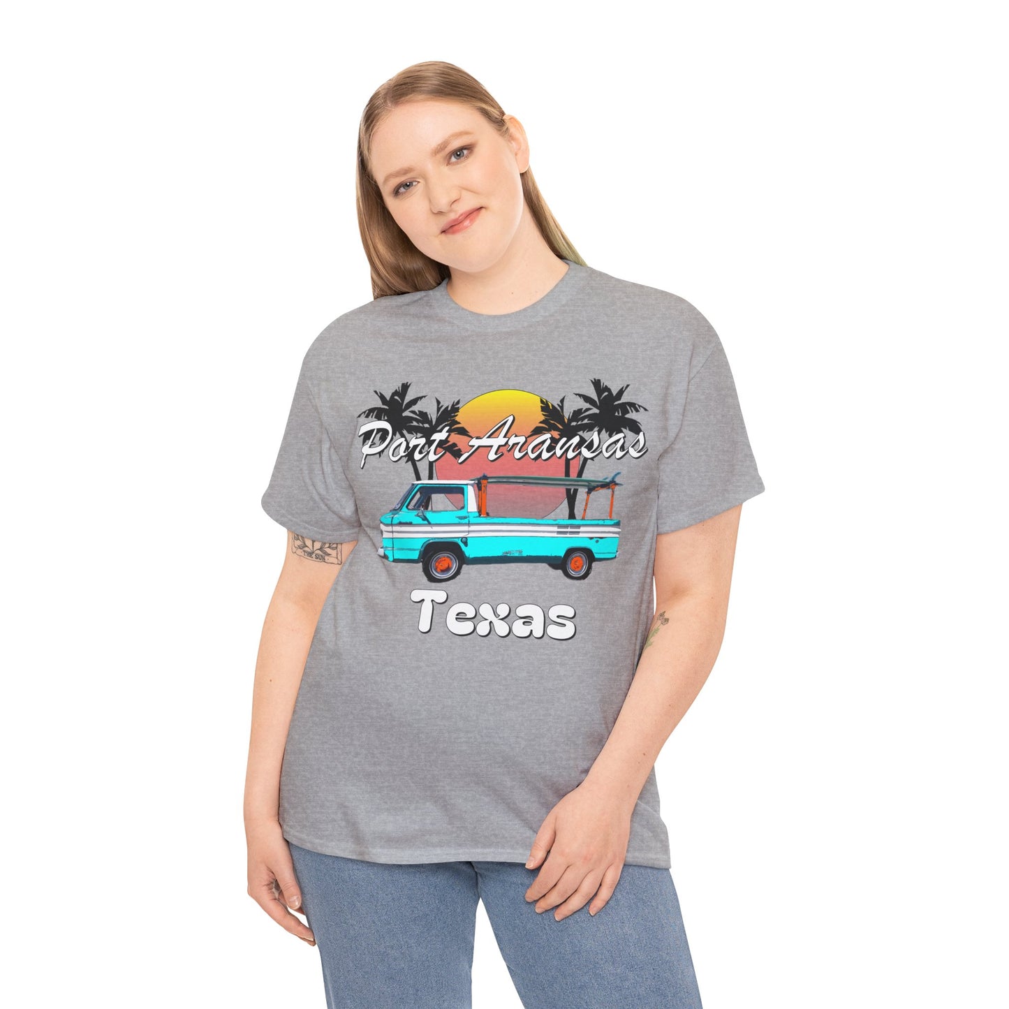 Port Aransas Texas, Port A Surfer, Palm Trees, Beach Vacation Heavy Cotton Tee