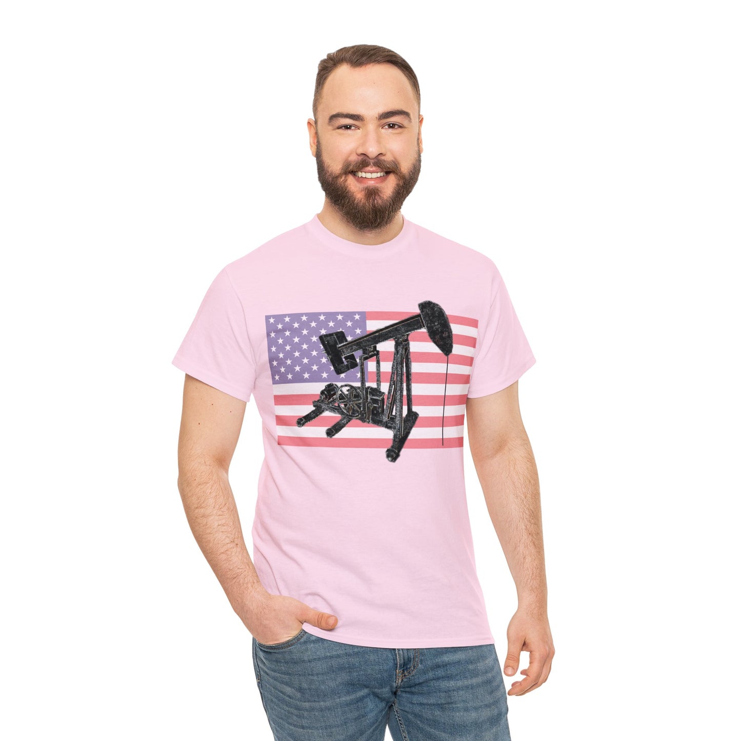 American Oil Worker Pump Jack USA Flag Heavy Cotton Tee