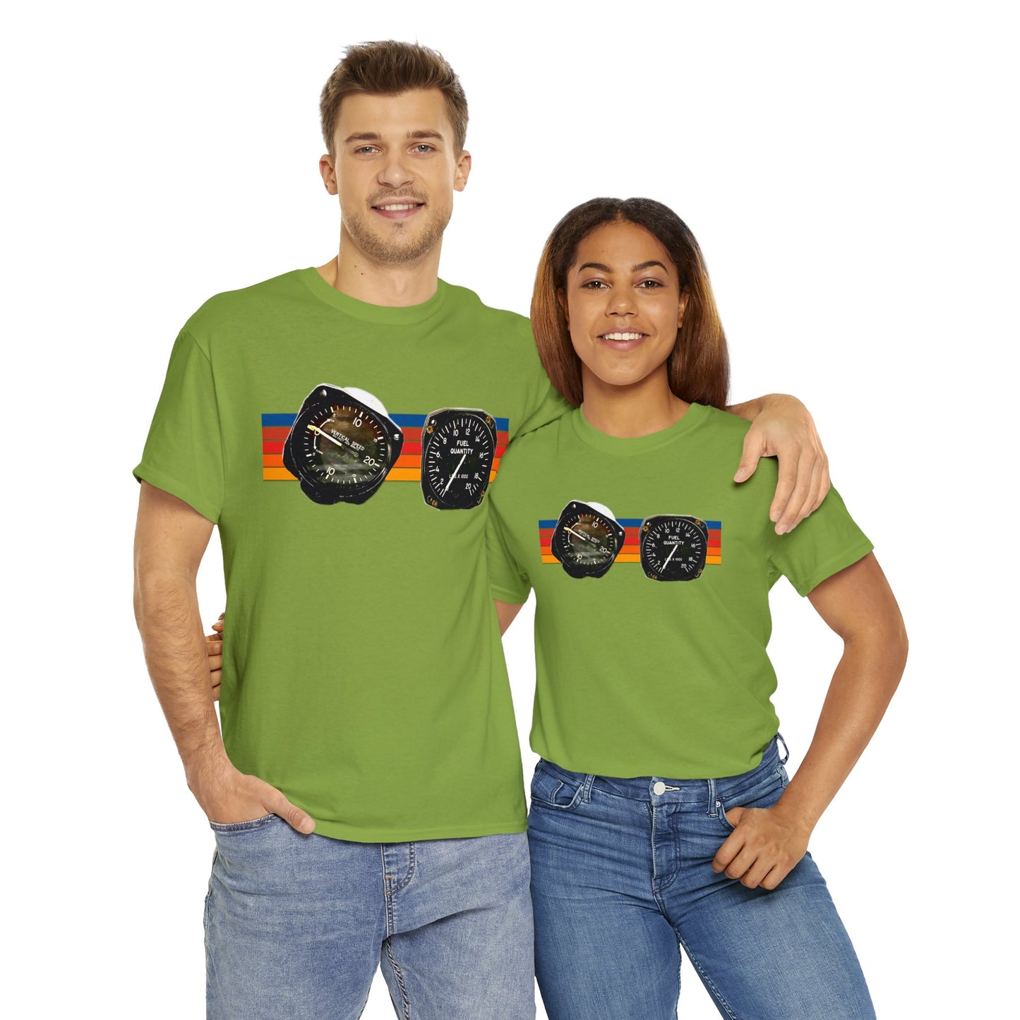 Aircraft Cockpit Instruments, Fuel Gauge, Vertical Speed Gauge, Private Plane Heavy Cotton Tee