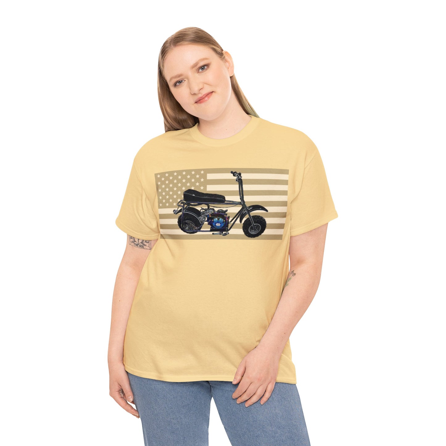 American Flag Vintage Mini Bike, Moped, Mini Motorcycle, Scooter Heavy Cotton Tee