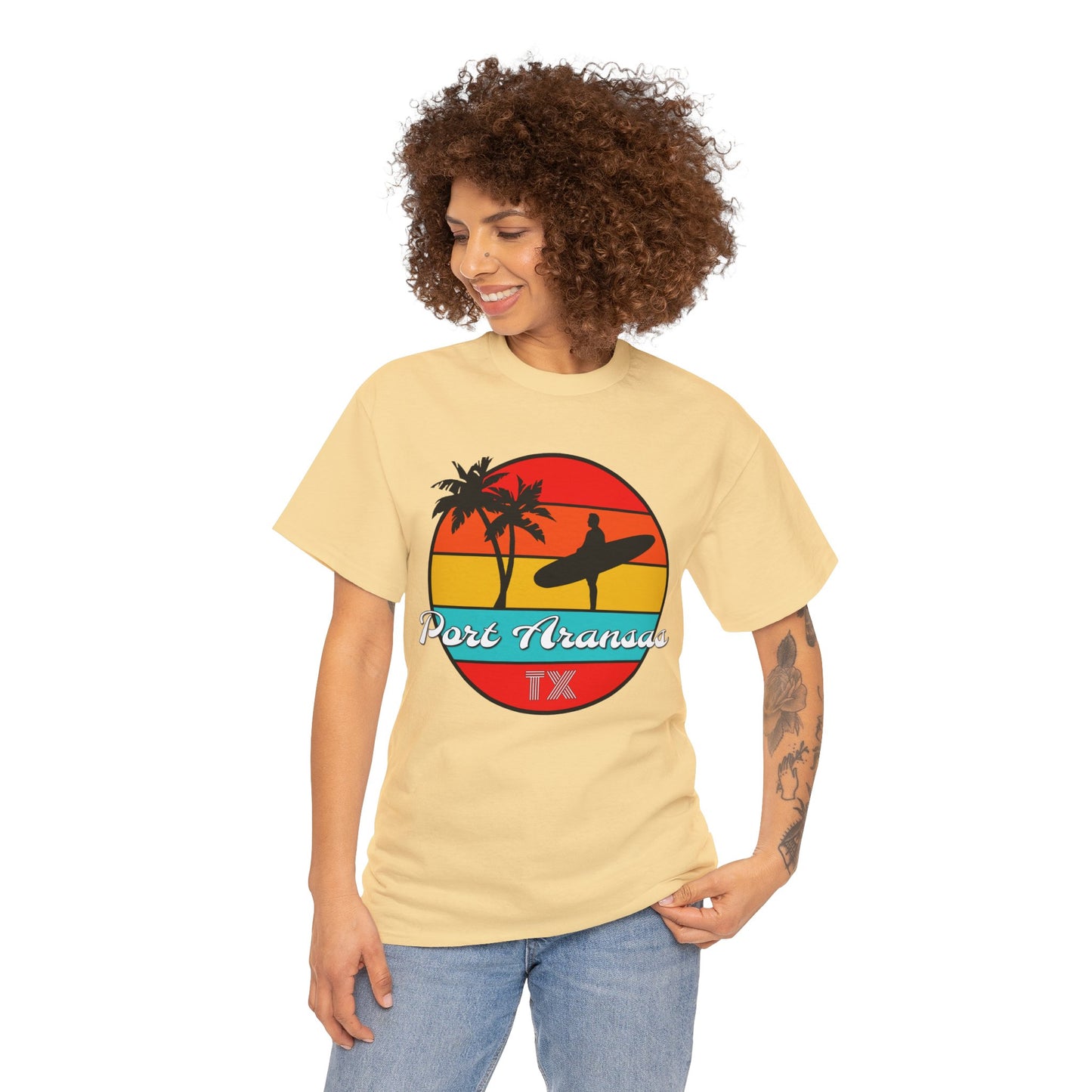Port Aransas Texas, Port A Surfer, Palm Trees, Beach Vacation Heavy Cotton Tee