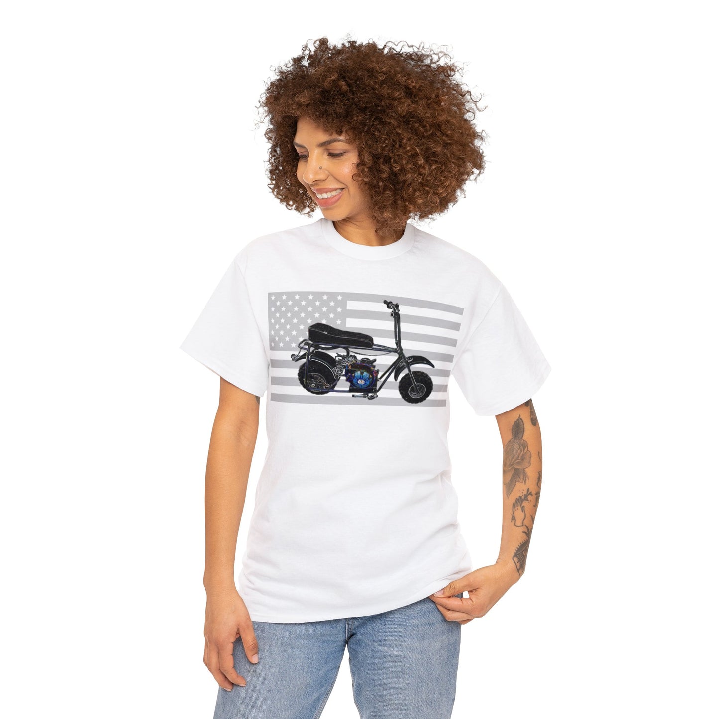 American Flag Vintage Mini Bike, Moped, Mini Motorcycle, Scooter Heavy Cotton Tee