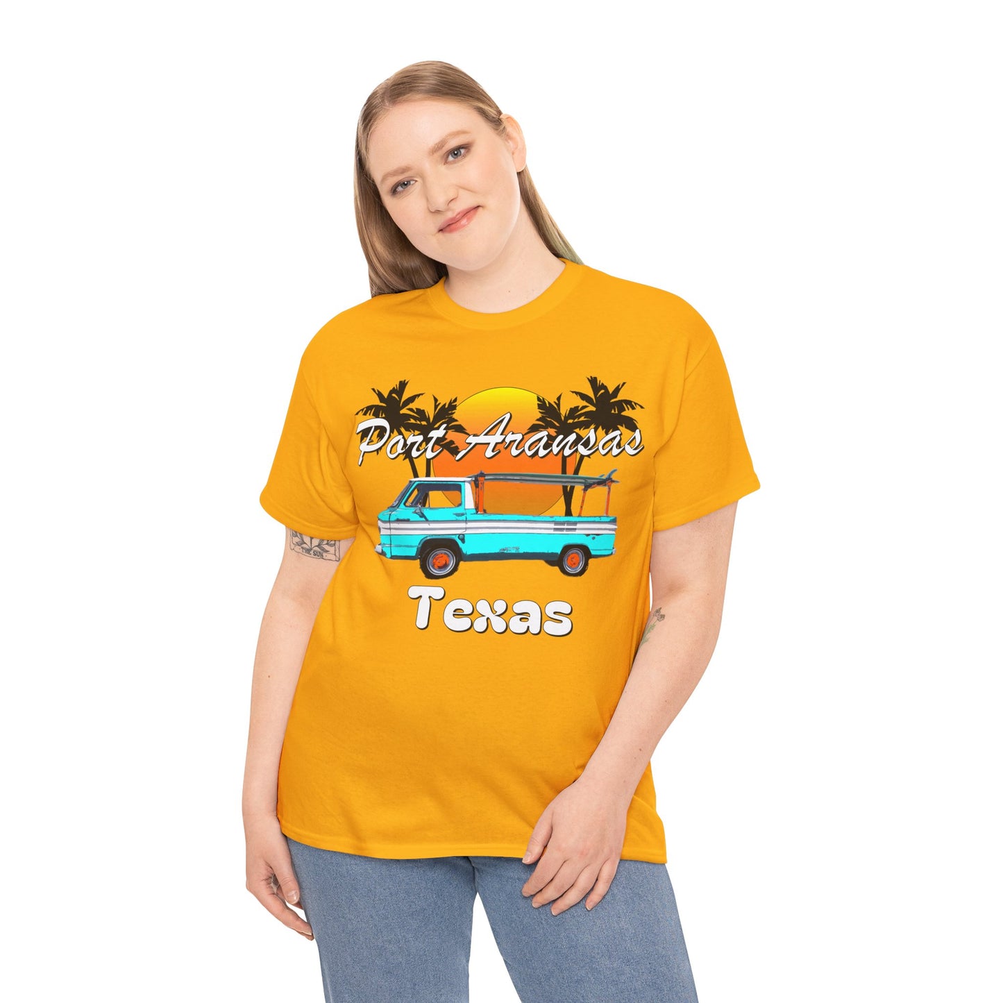 Port Aransas Texas, Port A Surfer, Palm Trees, Beach Vacation Heavy Cotton Tee