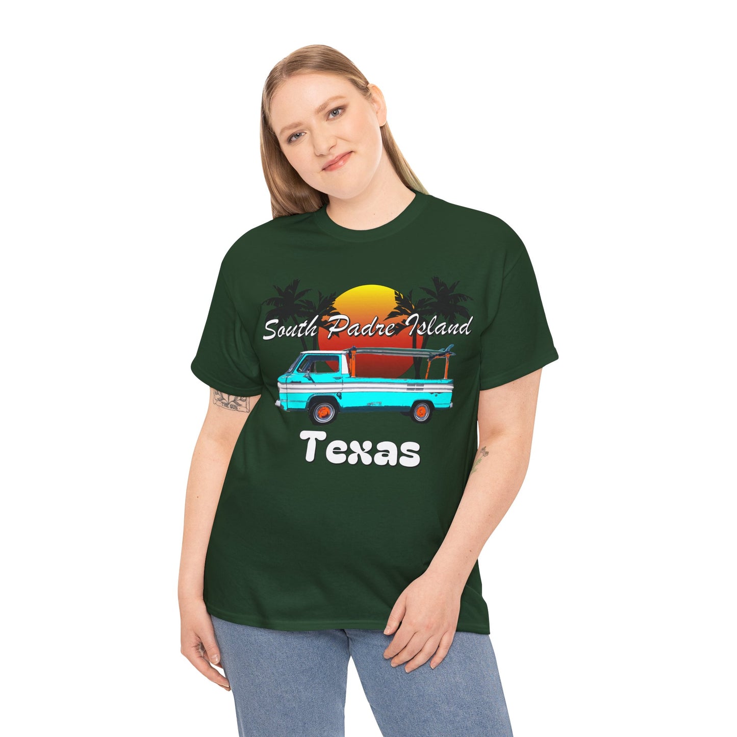 South Padre Island Texas, South Padre Surfer, Palm Trees Heavy Cotton Tee