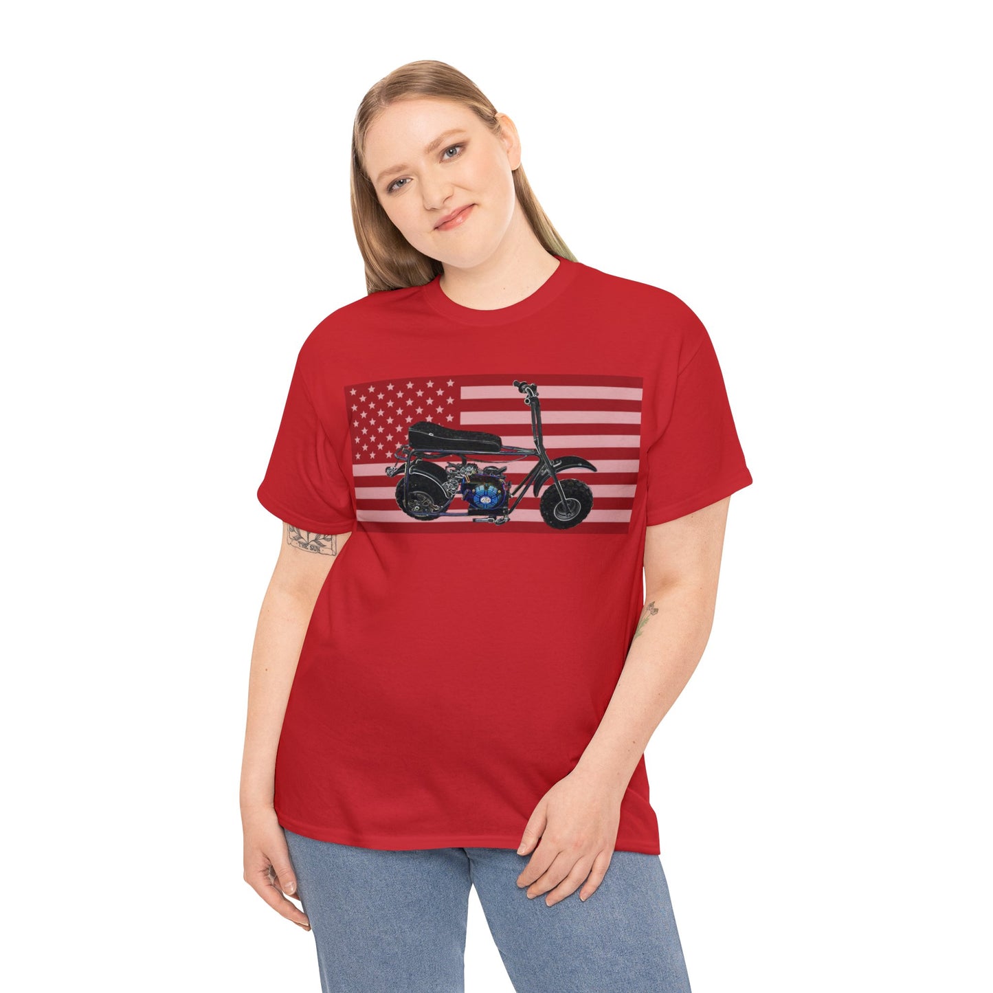 American Flag Vintage Mini Bike, Moped, Mini Motorcycle, Scooter Heavy Cotton Tee