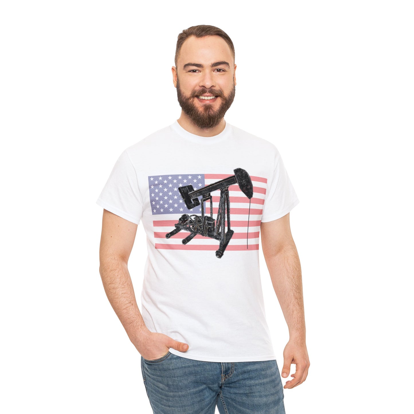 American Oil Worker Pump Jack USA Flag Heavy Cotton Tee