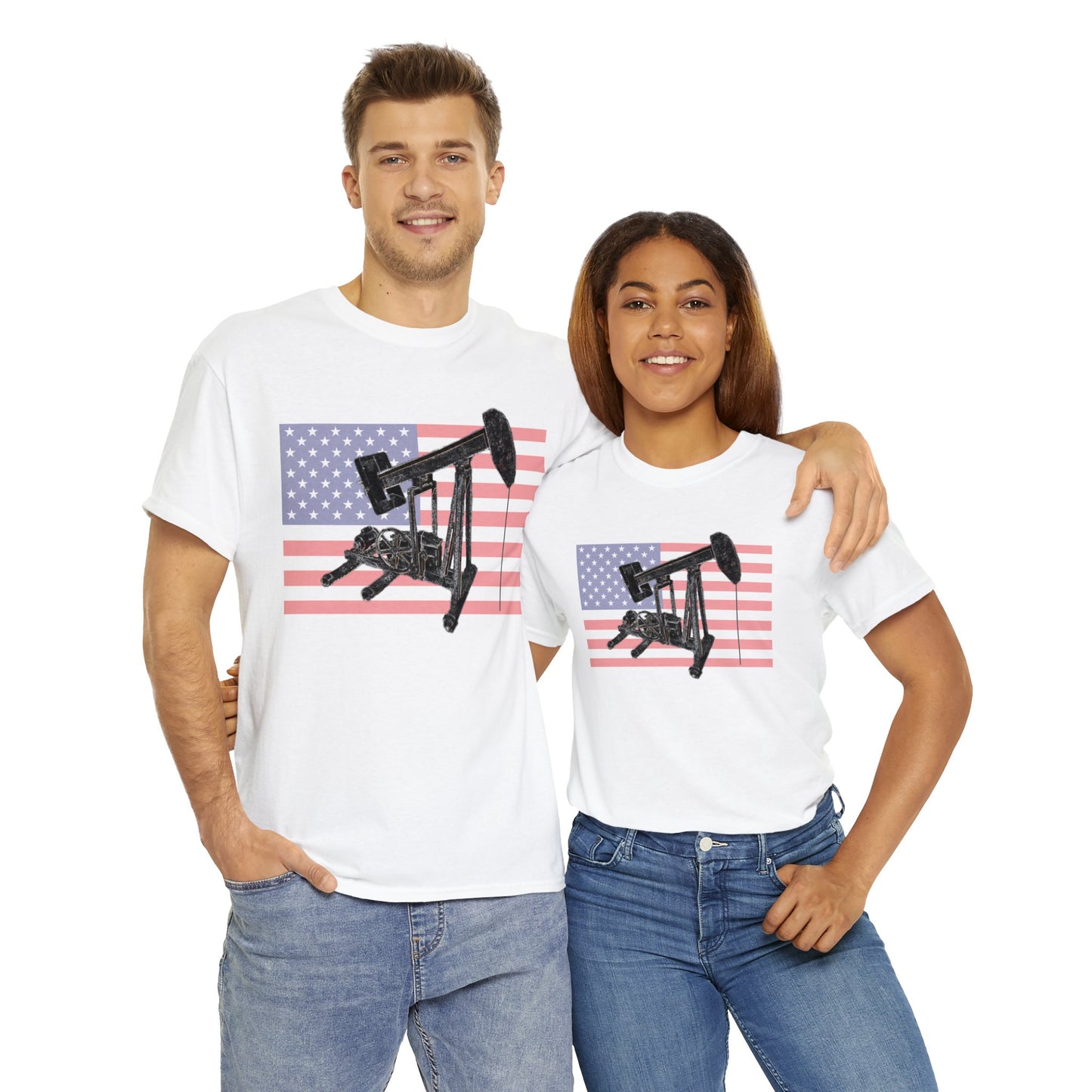 American Oil Worker Pump Jack USA Flag Heavy Cotton Tee