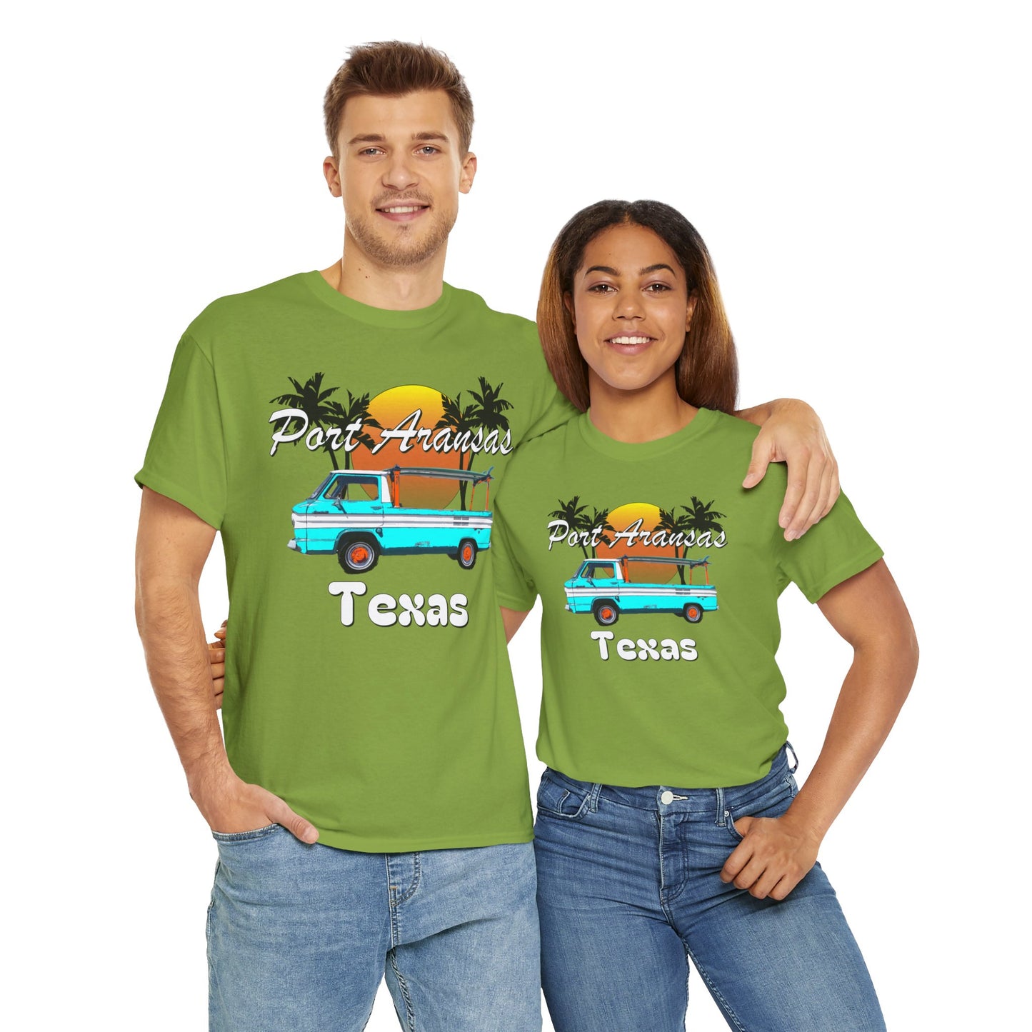 Port Aransas Texas, Port A Surfer, Palm Trees, Beach Vacation Heavy Cotton Tee