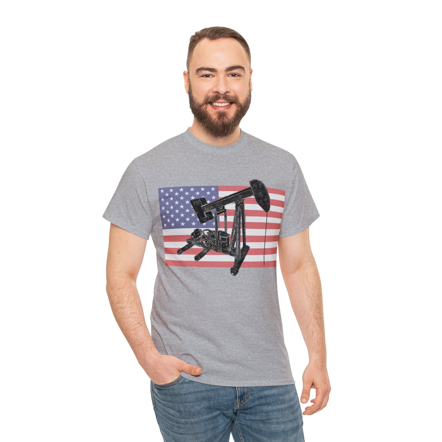 American Oil Worker Pump Jack USA Flag Heavy Cotton Tee