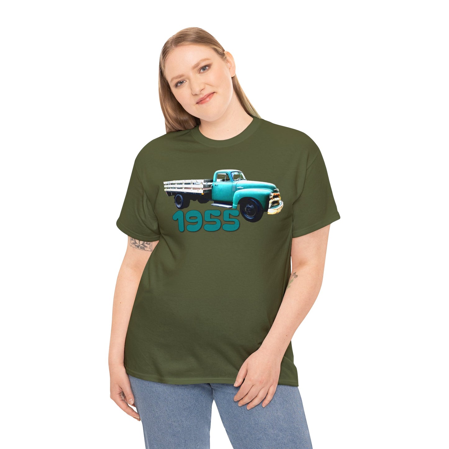 1955 Pickup Truck, Vintage Farm Truck, Retro Flat Bed Truck Heavy Cotton Tee