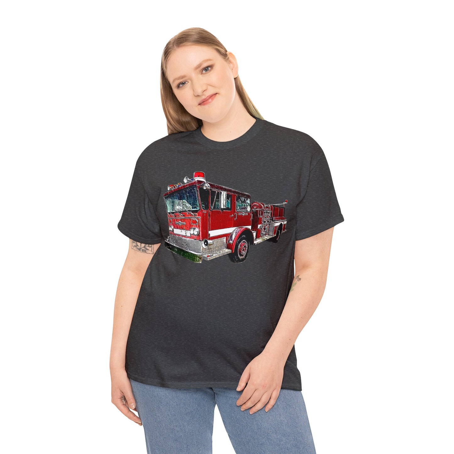 Fire Department, Fire Truck, Fire Department, Red Fire Truck Heavy Cotton Tee