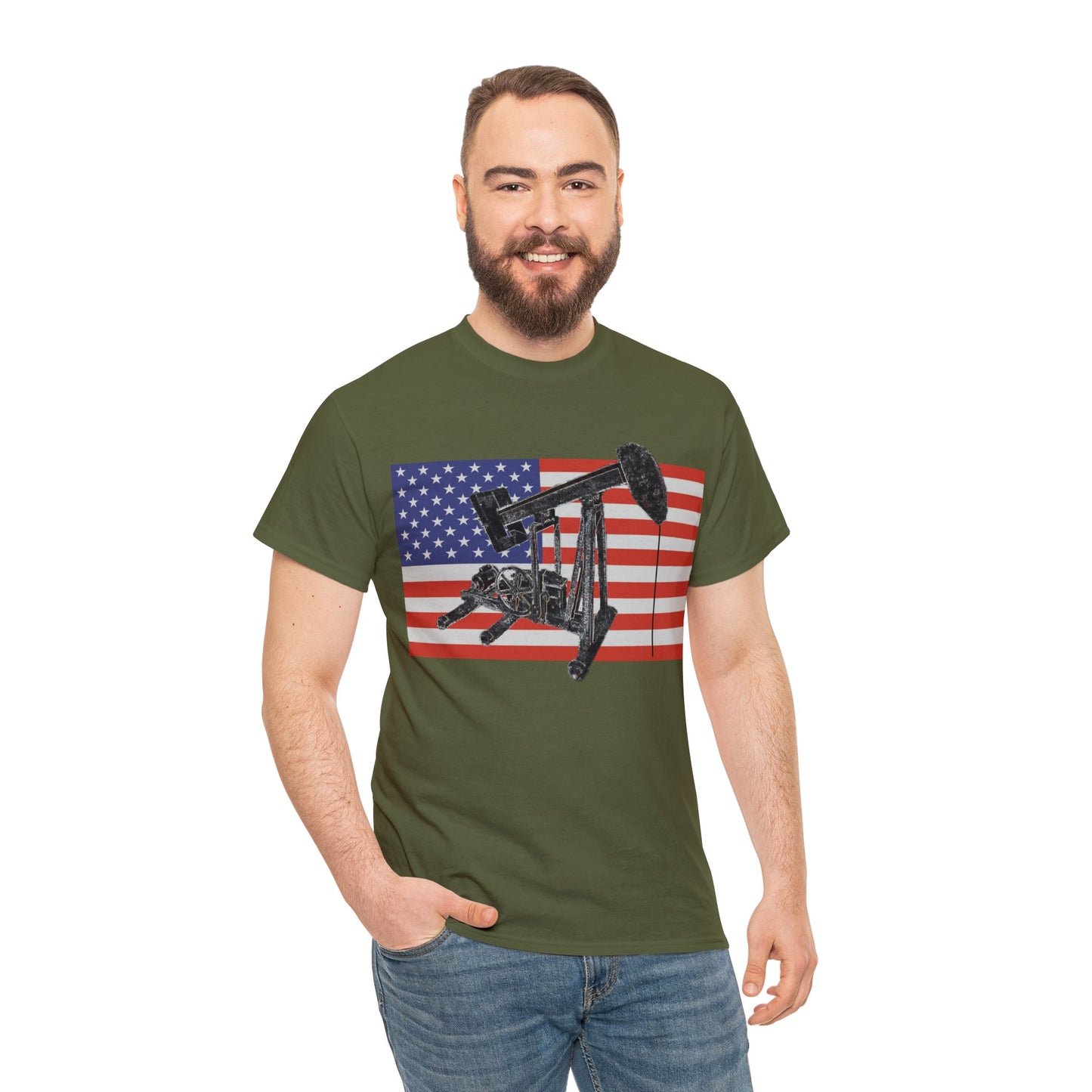 American Oil Worker Pump Jack USA Flag Heavy Cotton Tee
