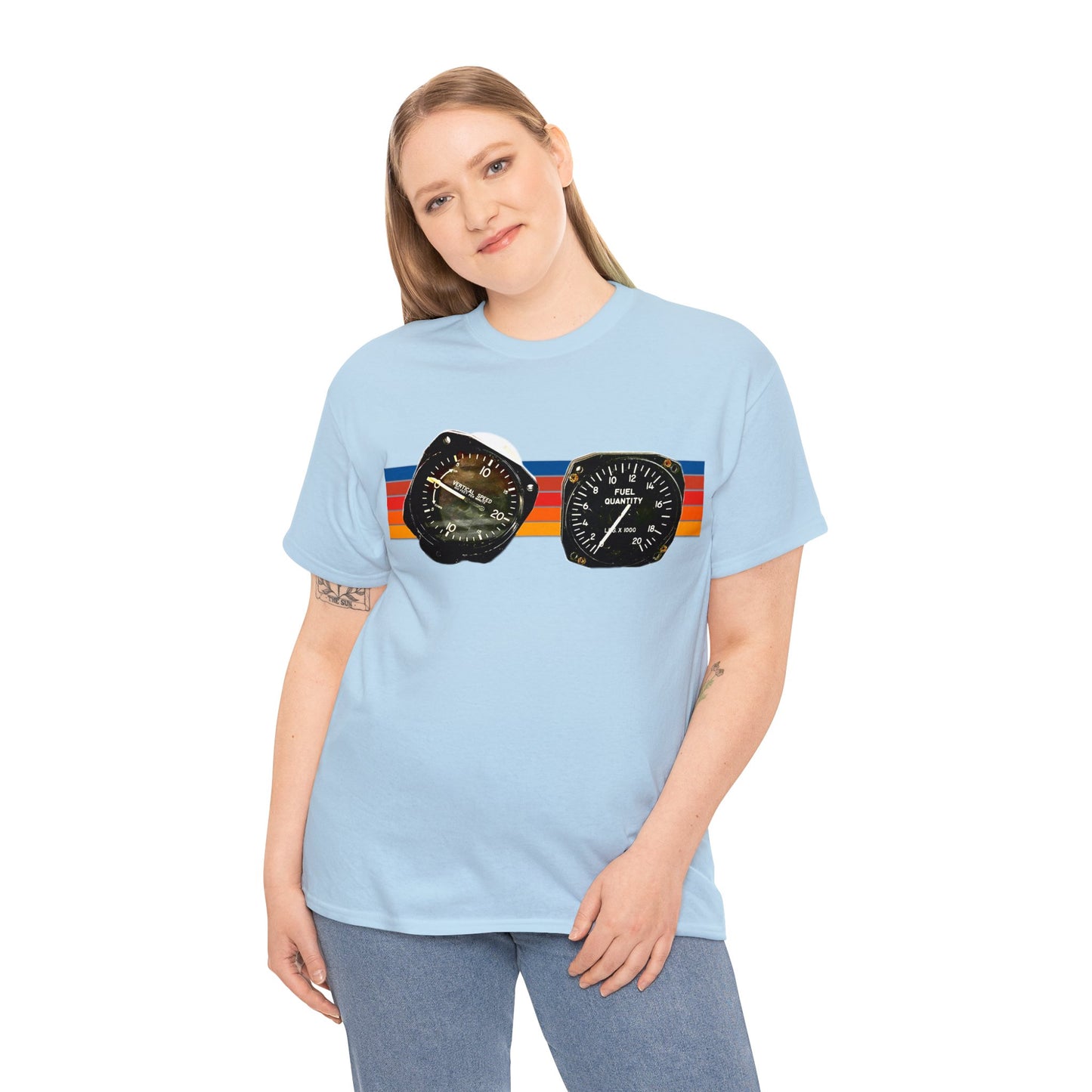 Aircraft Cockpit Instruments, Fuel Gauge, Vertical Speed Gauge, Private Plane Heavy Cotton Tee