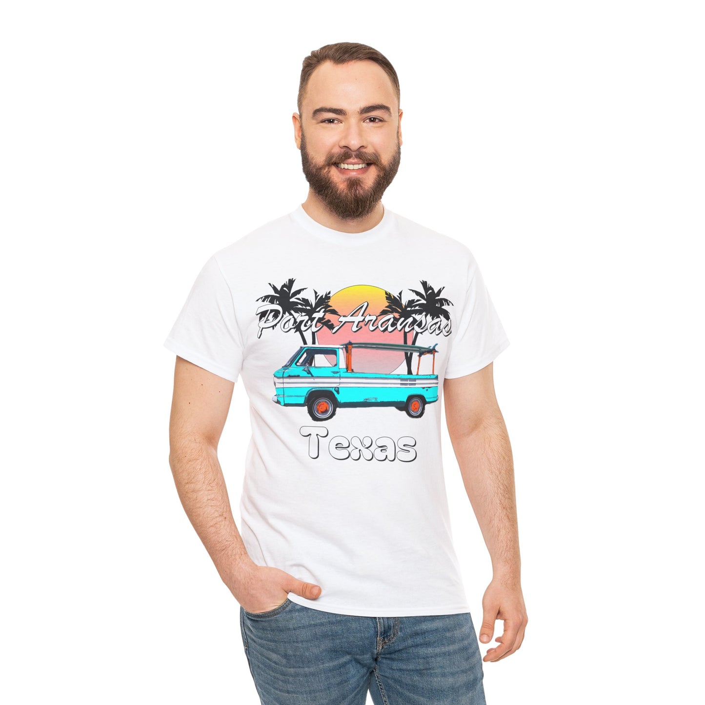 Port Aransas Texas, Port A Surfer, Palm Trees, Beach Vacation Heavy Cotton Tee