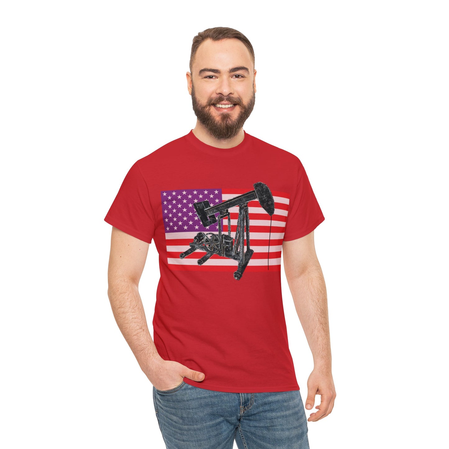 American Oil Worker Pump Jack USA Flag Heavy Cotton Tee
