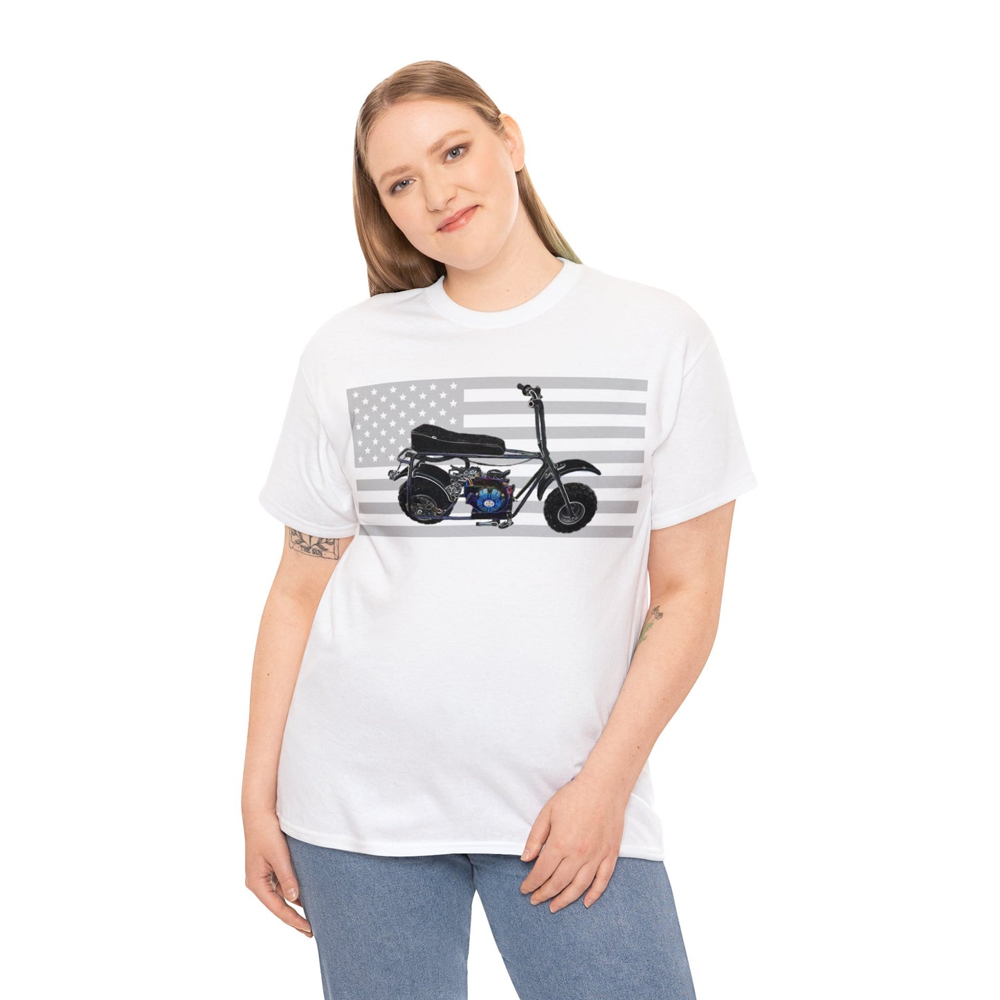 American Flag Vintage Mini Bike, Moped, Mini Motorcycle, Scooter Heavy Cotton Tee