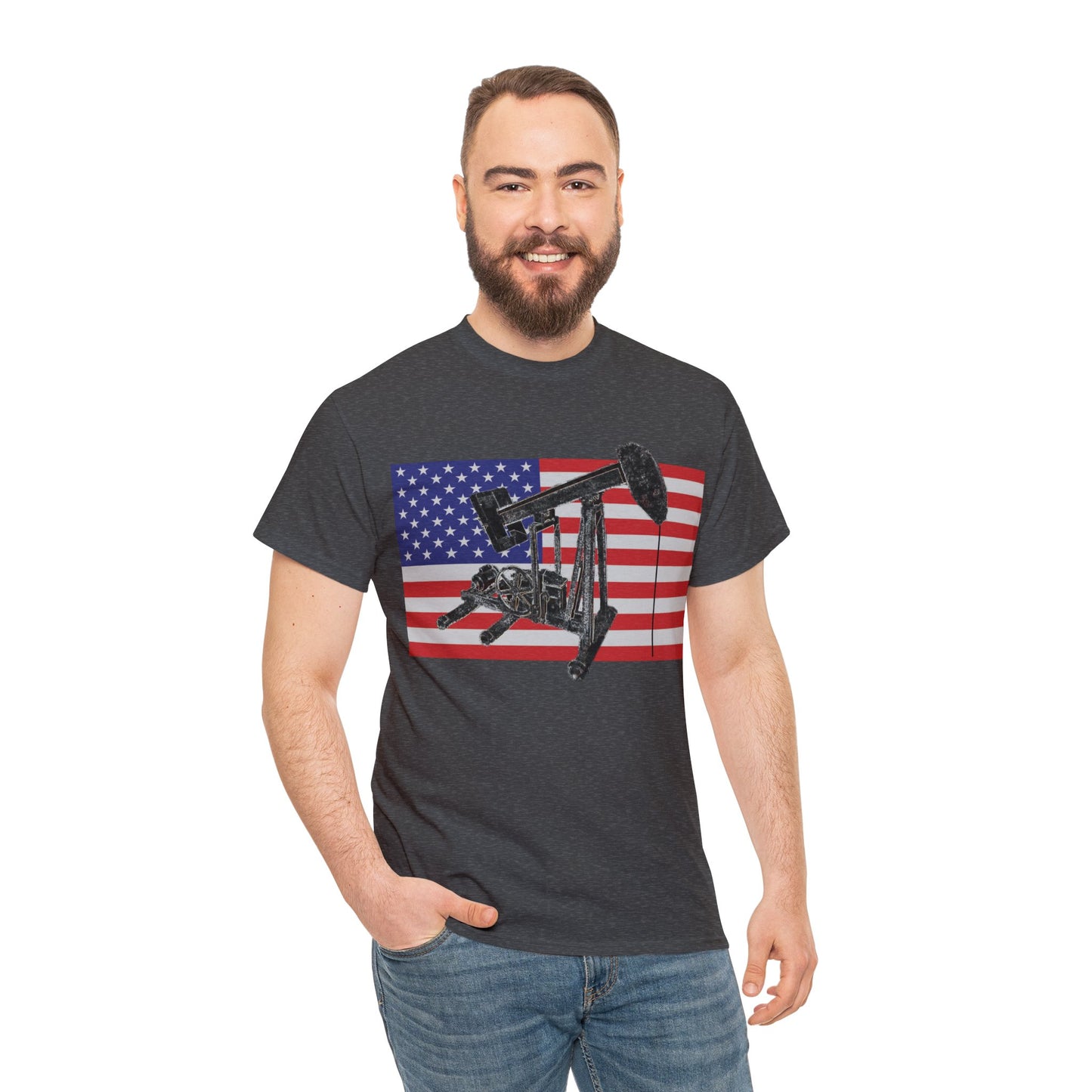 American Oil Worker Pump Jack USA Flag Heavy Cotton Tee