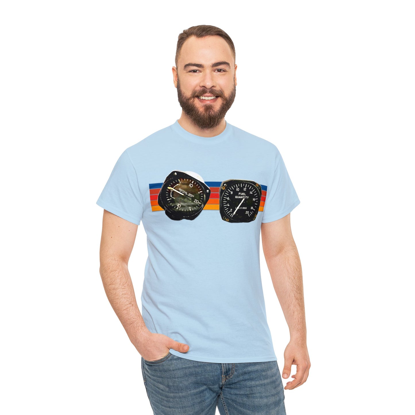 Aircraft Cockpit Instruments, Fuel Gauge, Vertical Speed Gauge, Private Plane Heavy Cotton Tee