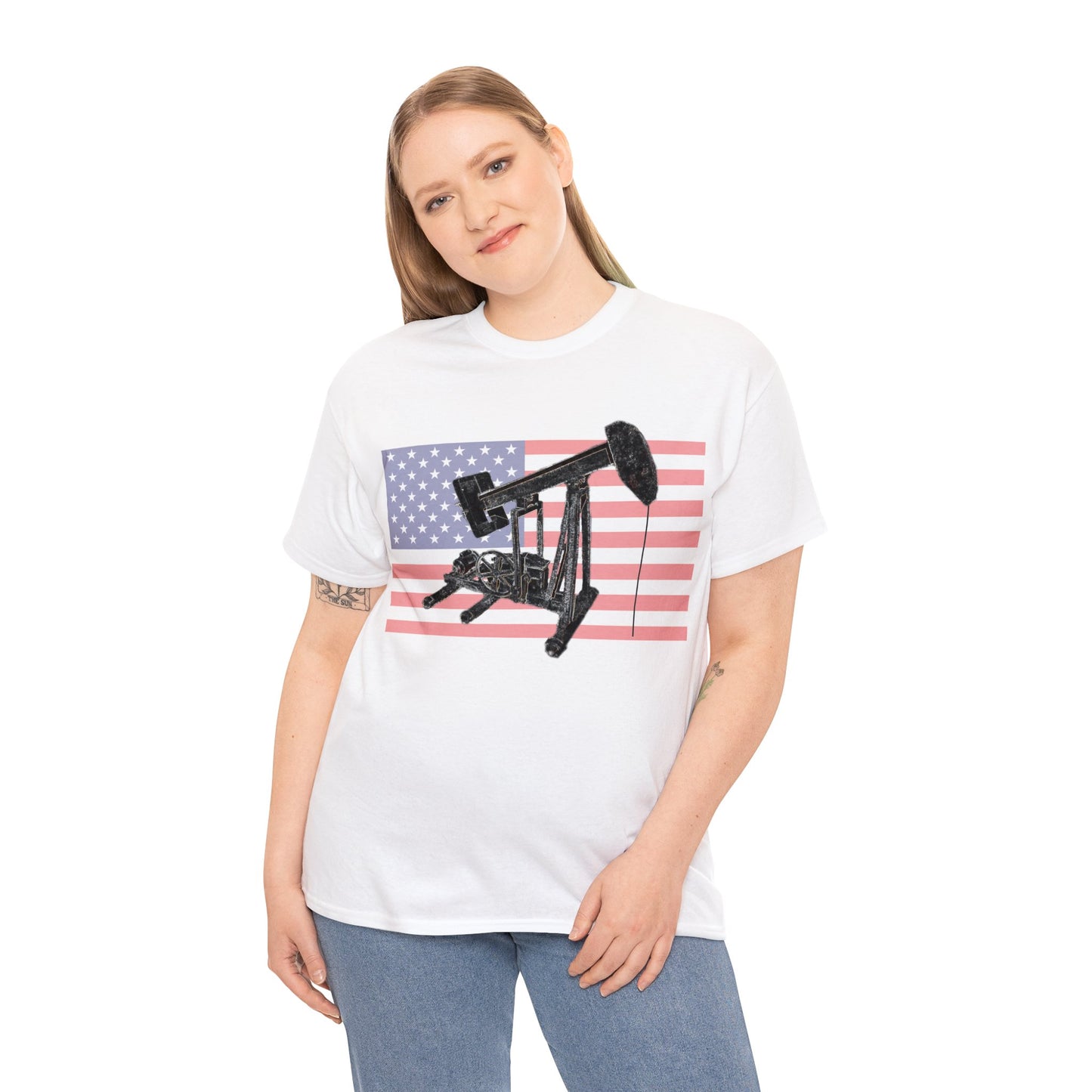 American Oil Worker Pump Jack USA Flag Heavy Cotton Tee
