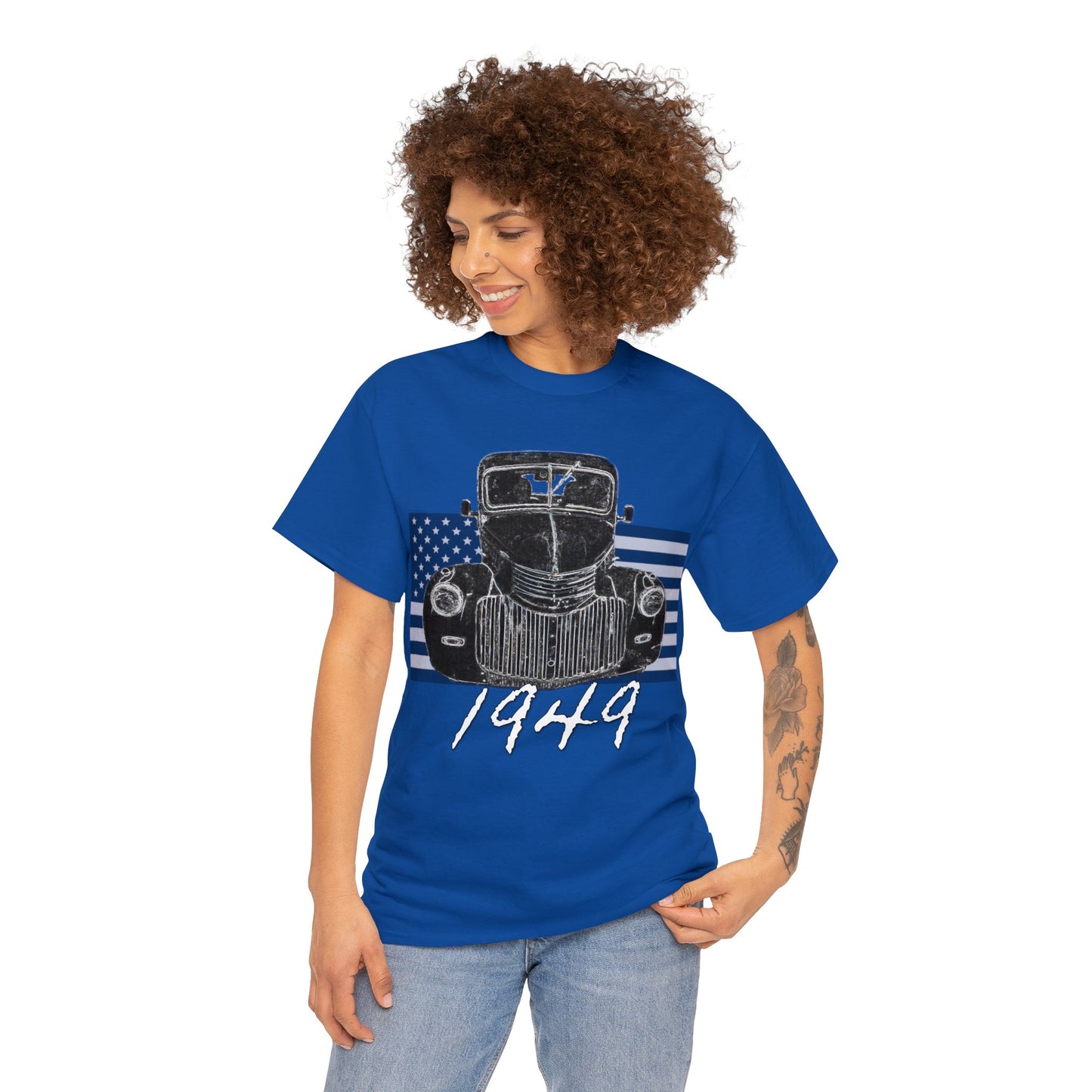 Vintage American 1940's Pickup Truck, Retro Pick Up Truck American Flag Heavy Cotton Tee