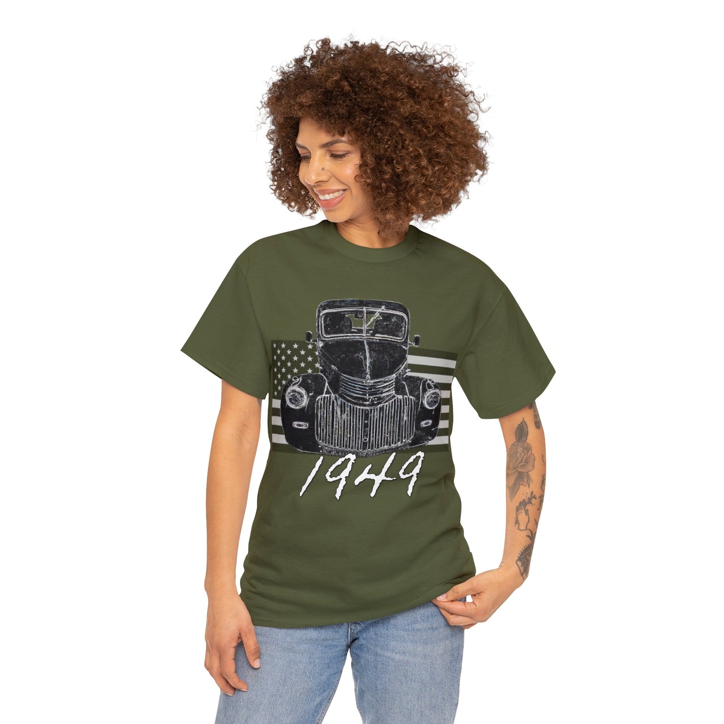 Vintage American 1940's Pickup Truck, Retro Pick Up Truck American Flag Heavy Cotton Tee