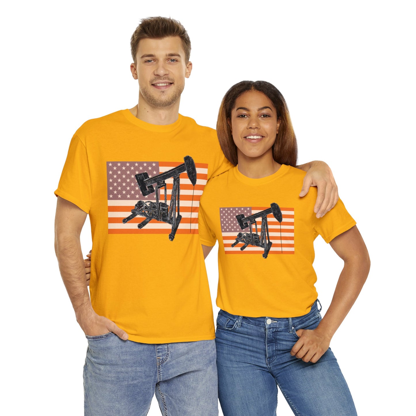 American Oil Worker Pump Jack USA Flag Heavy Cotton Tee