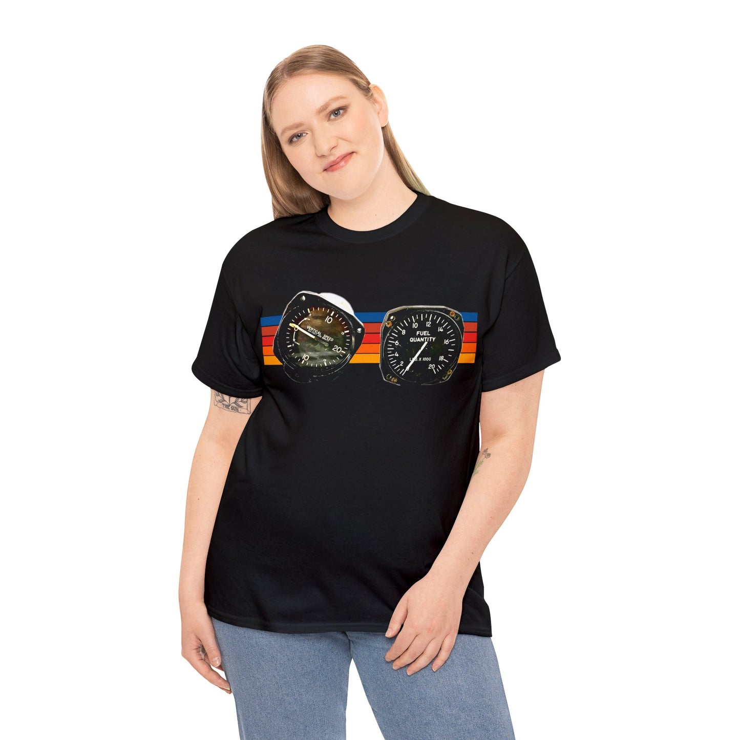 Aircraft Cockpit Instruments, Fuel Gauge, Vertical Speed Gauge, Private Plane Heavy Cotton Tee
