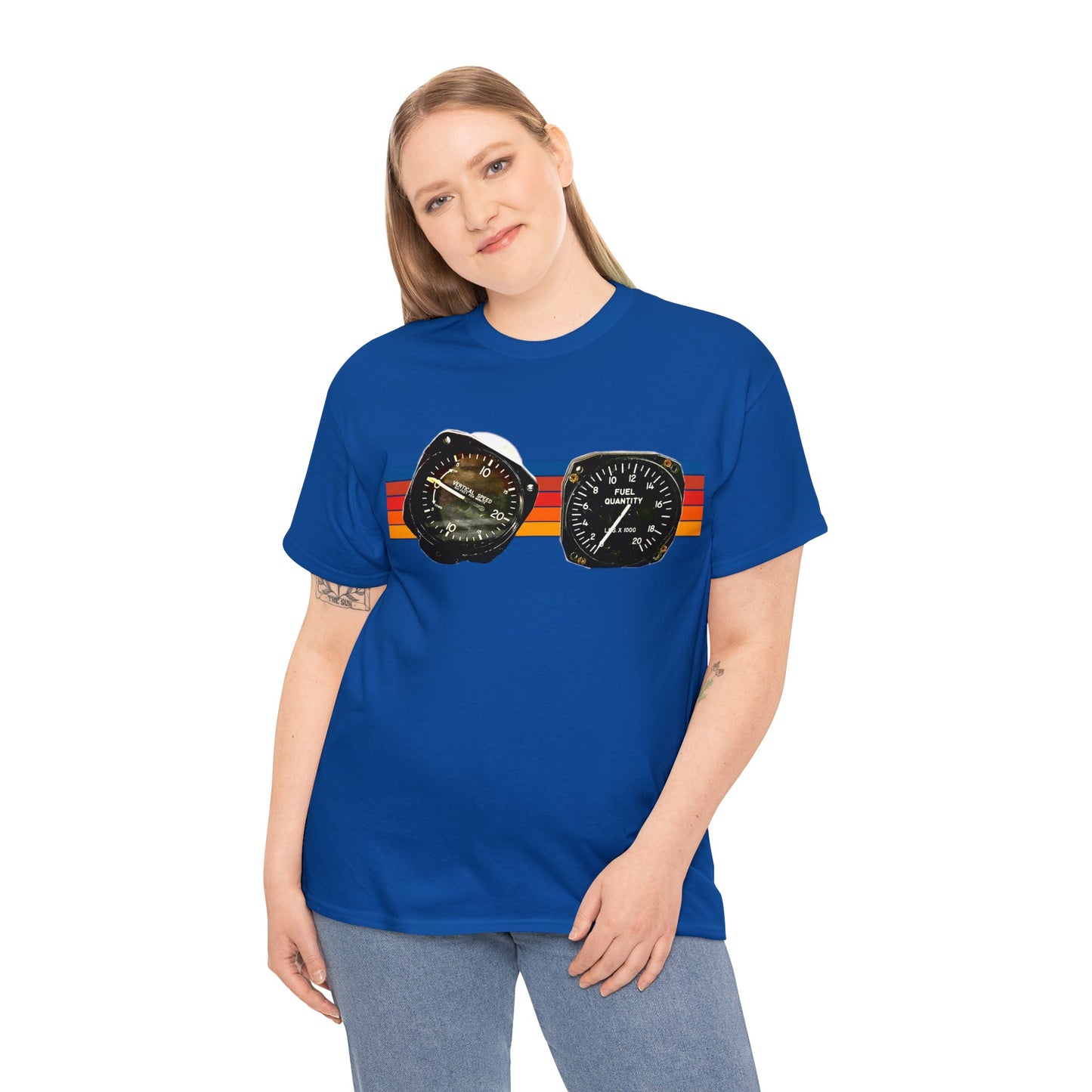 Aircraft Cockpit Instruments, Fuel Gauge, Vertical Speed Gauge, Private Plane Heavy Cotton Tee