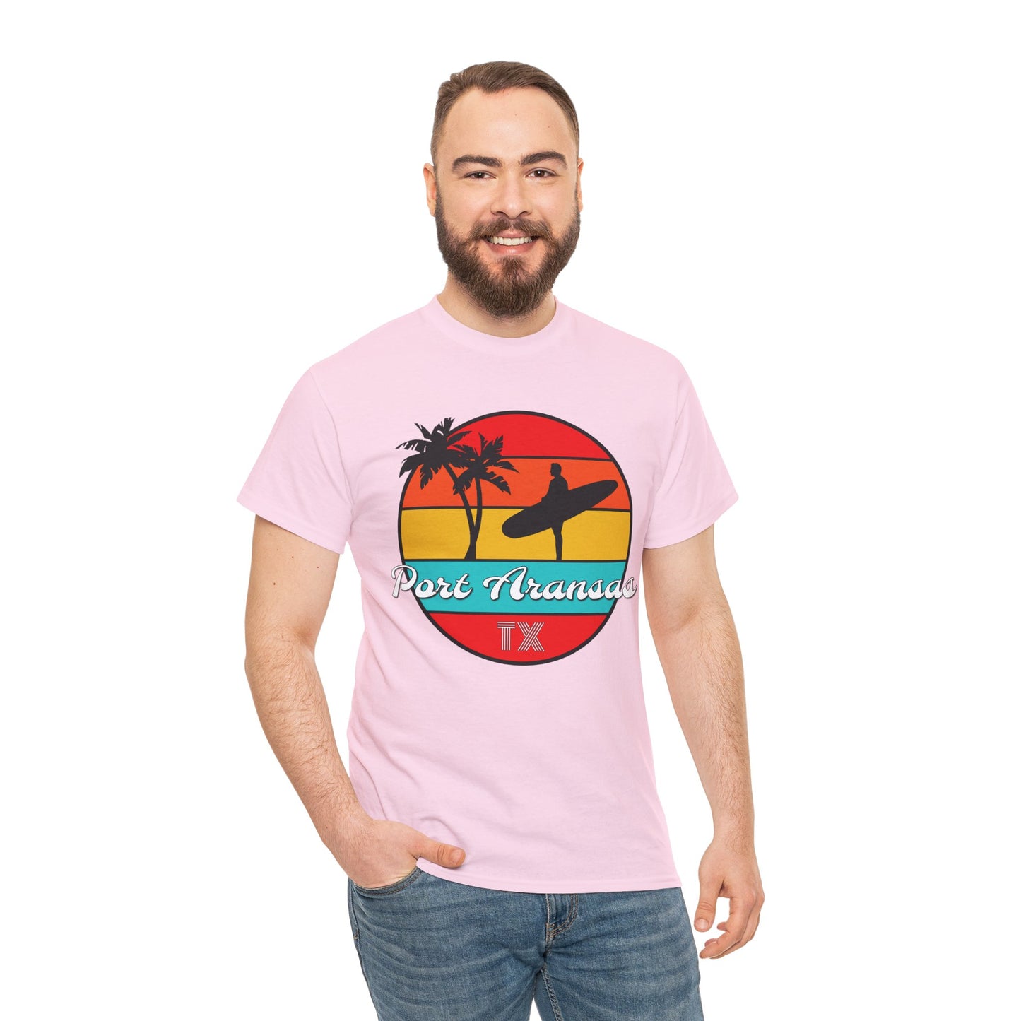 Port Aransas Texas, Port A Surfer, Palm Trees, Beach Vacation Heavy Cotton Tee