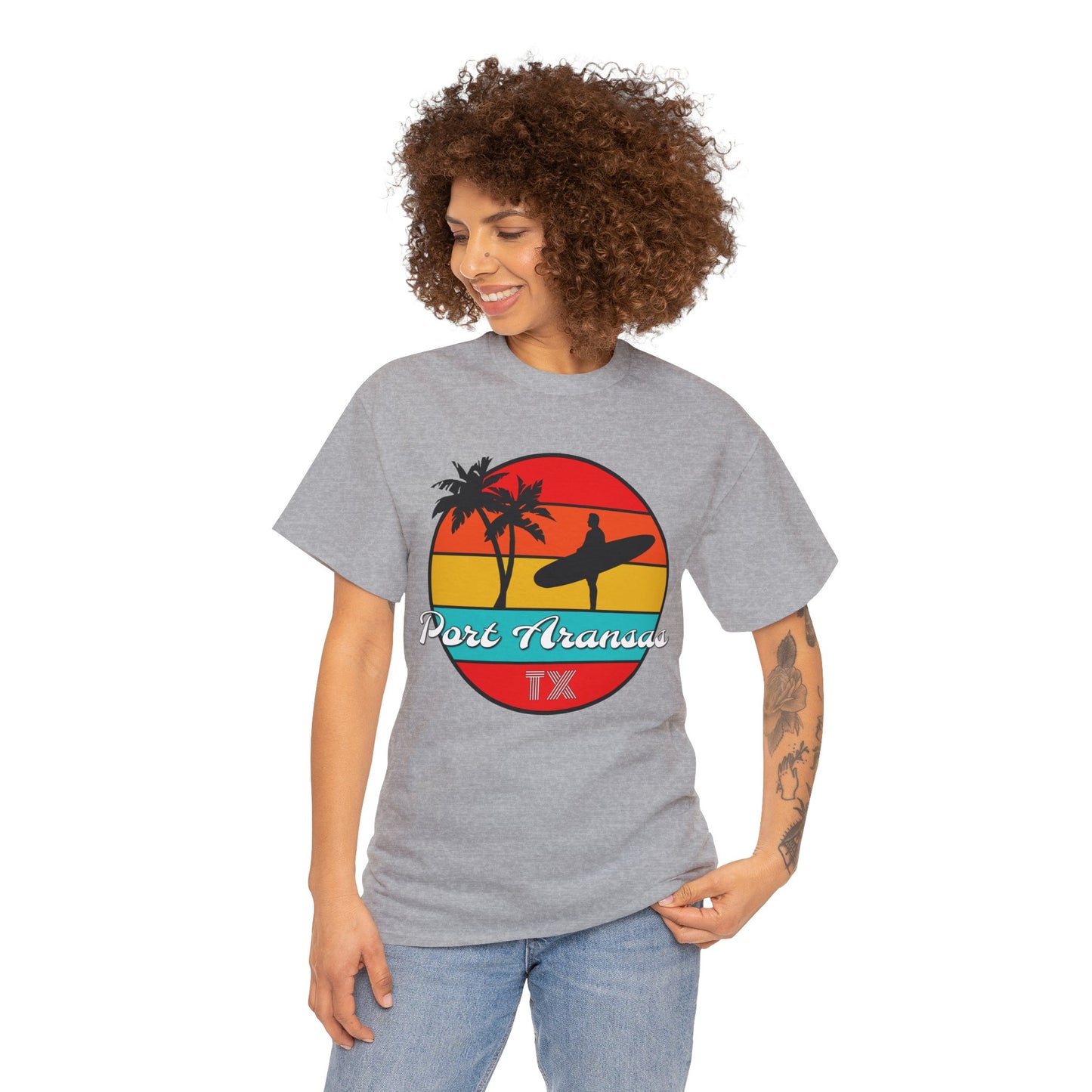 Port Aransas Texas, Port A Surfer, Palm Trees, Beach Vacation Heavy Cotton Tee