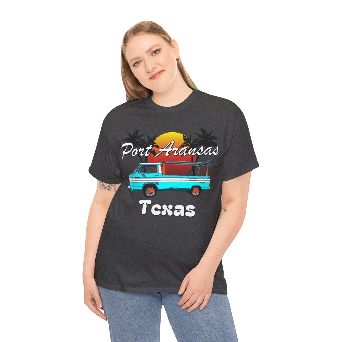 Port Aransas Texas, Port A Surfer, Palm Trees, Beach Vacation Heavy Cotton Tee