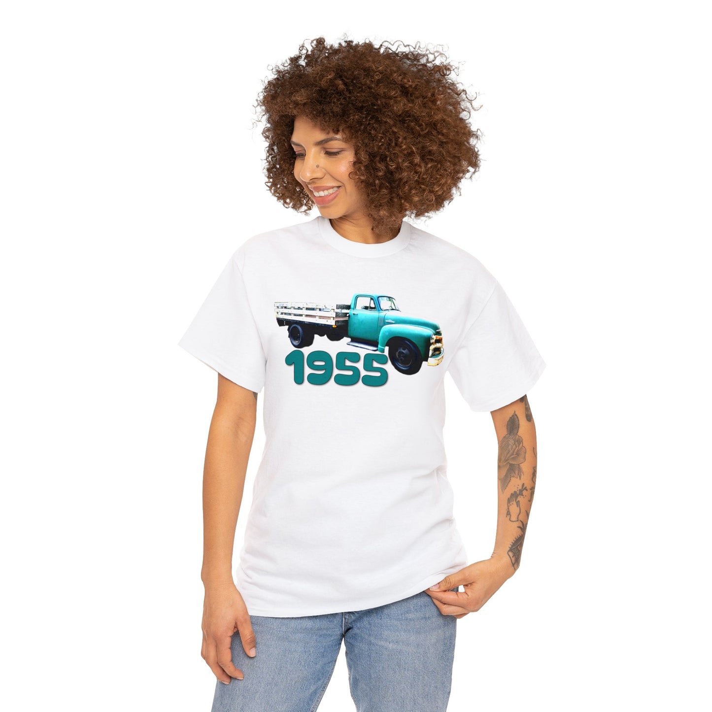 1955 Pickup Truck, Vintage Farm Truck, Retro Flat Bed Truck Heavy Cotton Tee