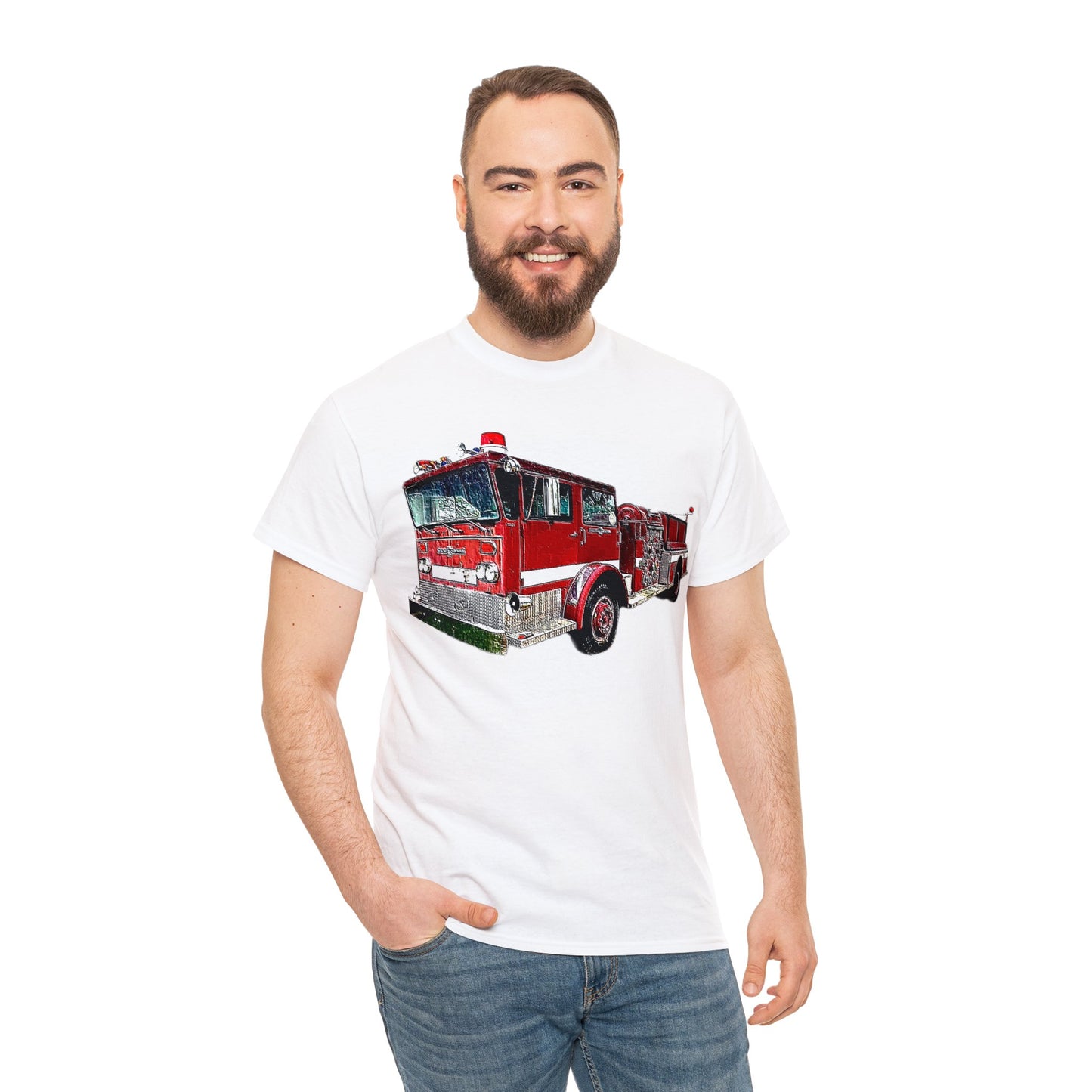 Fire Department, Fire Truck, Fire Department, Red Fire Truck Heavy Cotton Tee