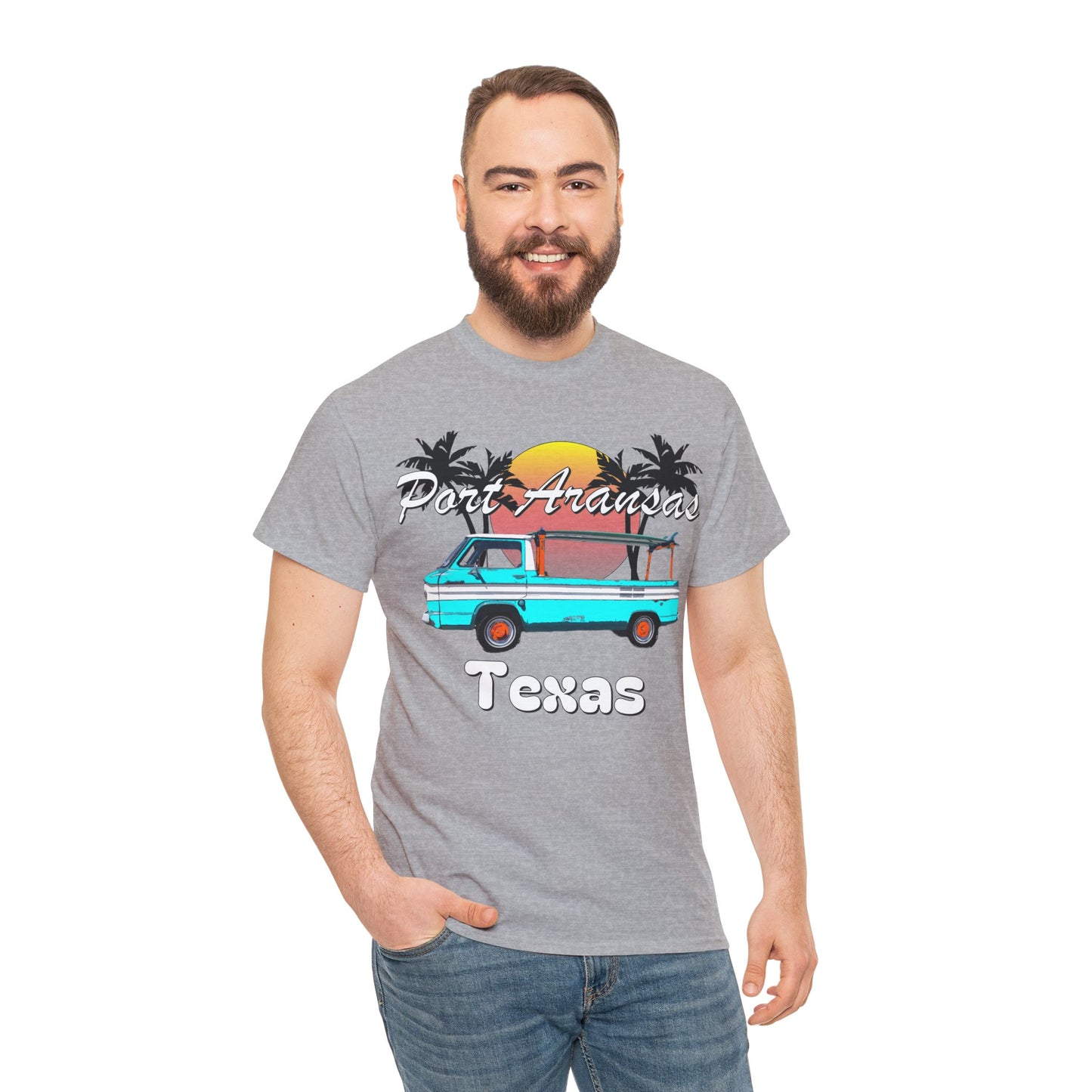 Port Aransas Texas, Port A Surfer, Palm Trees, Beach Vacation Heavy Cotton Tee