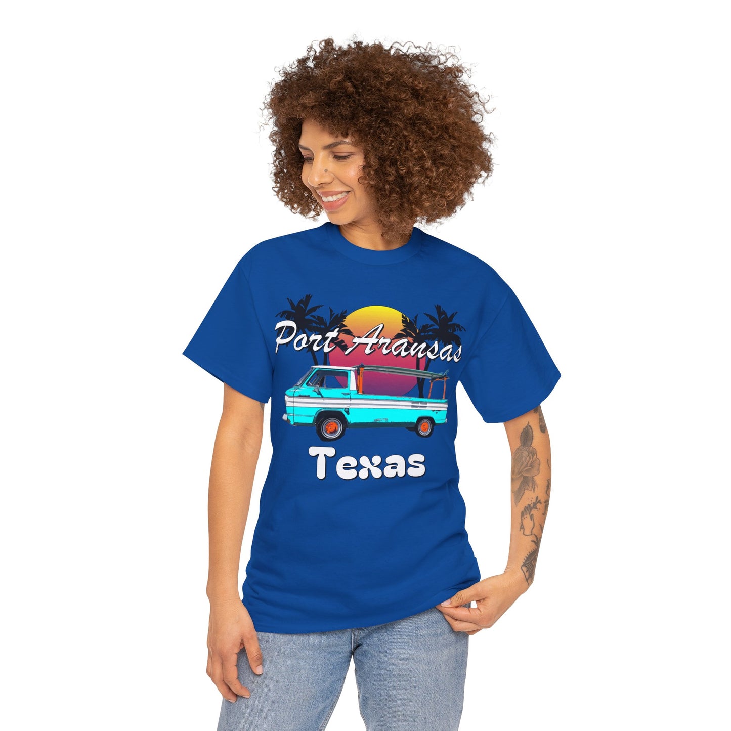 Port Aransas Texas, Port A Surfer, Palm Trees, Beach Vacation Heavy Cotton Tee